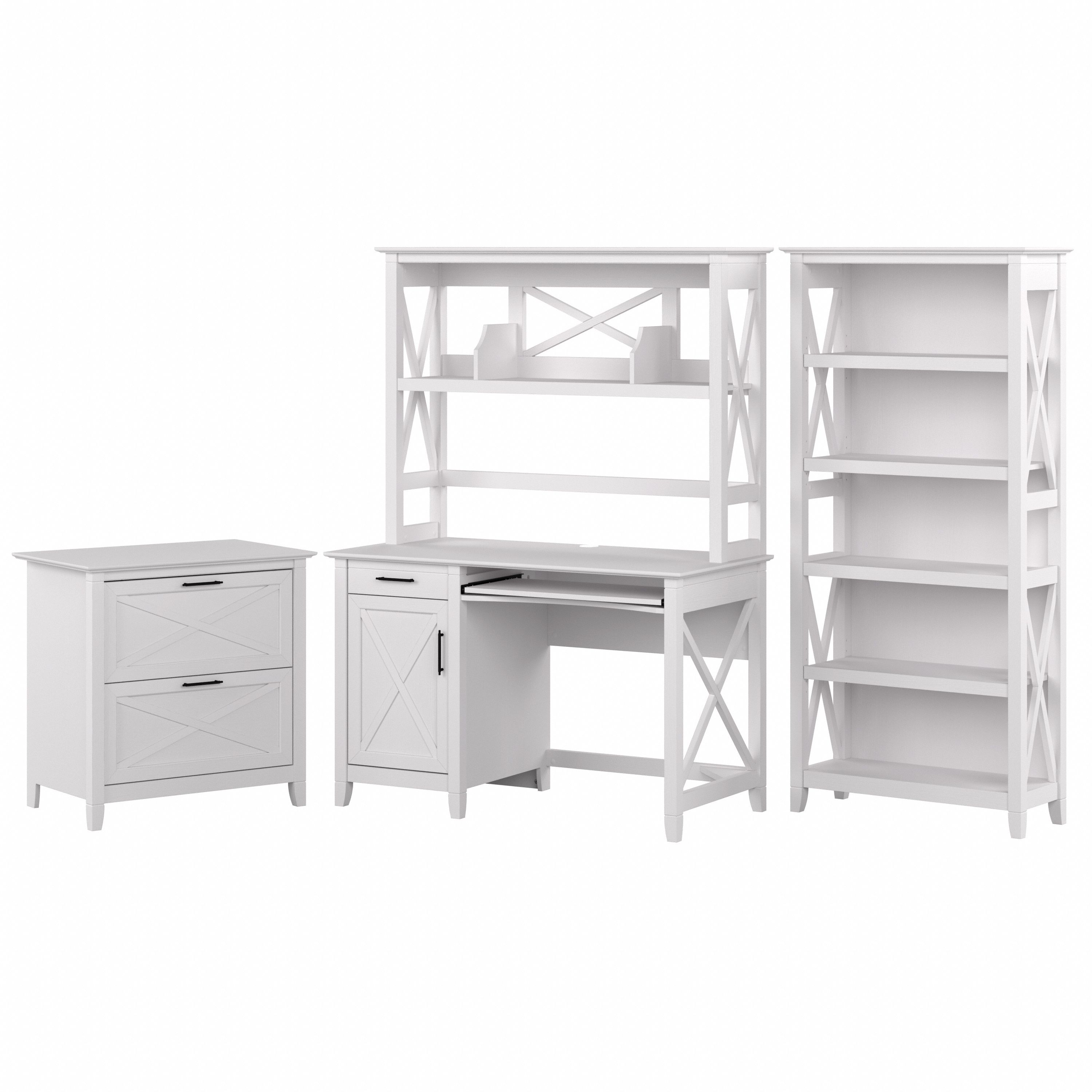 Shop Bush Furniture Key West 48W Small Computer Desk with Hutch, Bookcase and Lateral File Cabinet 02 KWS051WT #color_pure white oak
