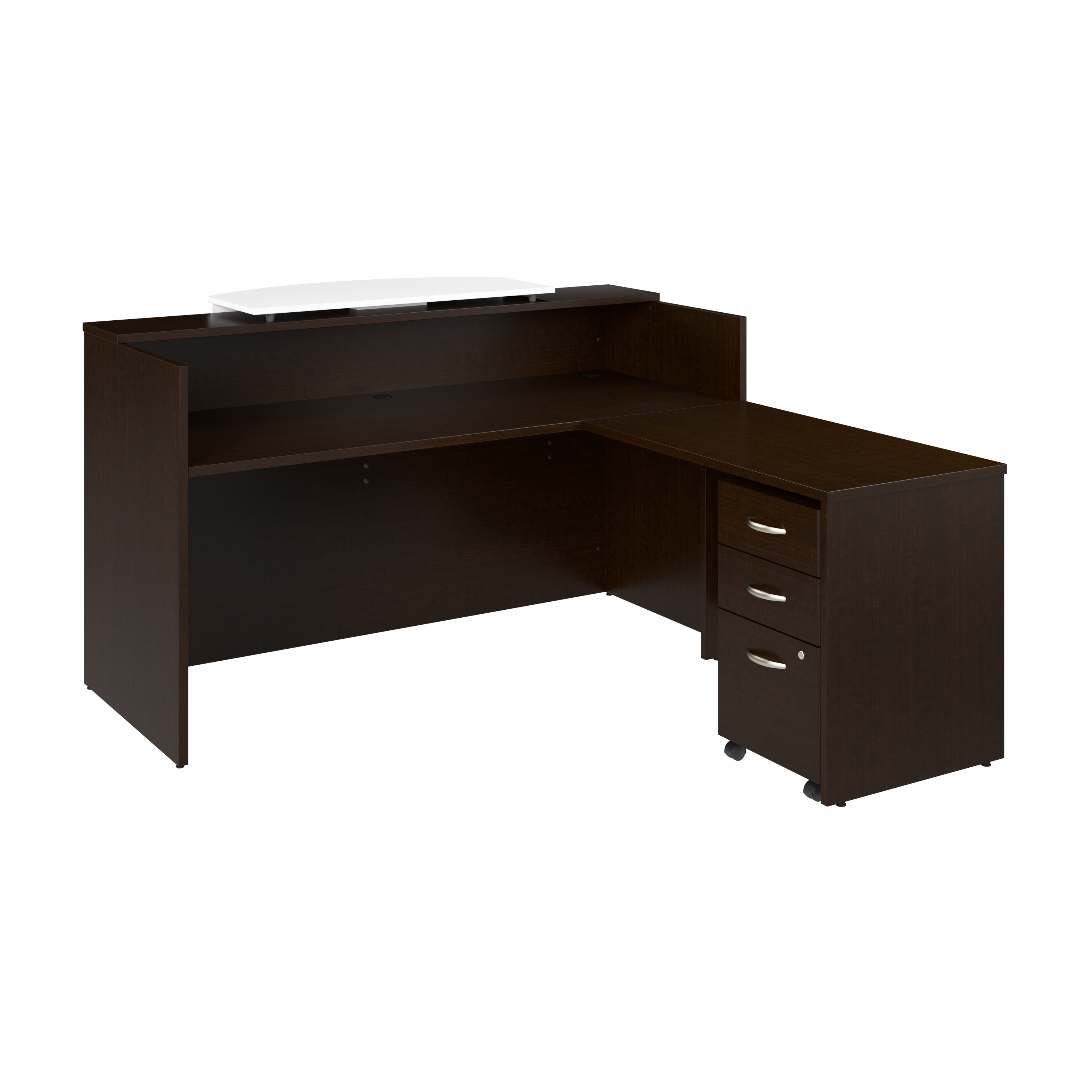 Shop Bush Business Furniture Arrive 72W x 72D L Shaped Reception Desk with Counter and Mobile File Cabinet 02 ARV010MR #color_mocha cherry