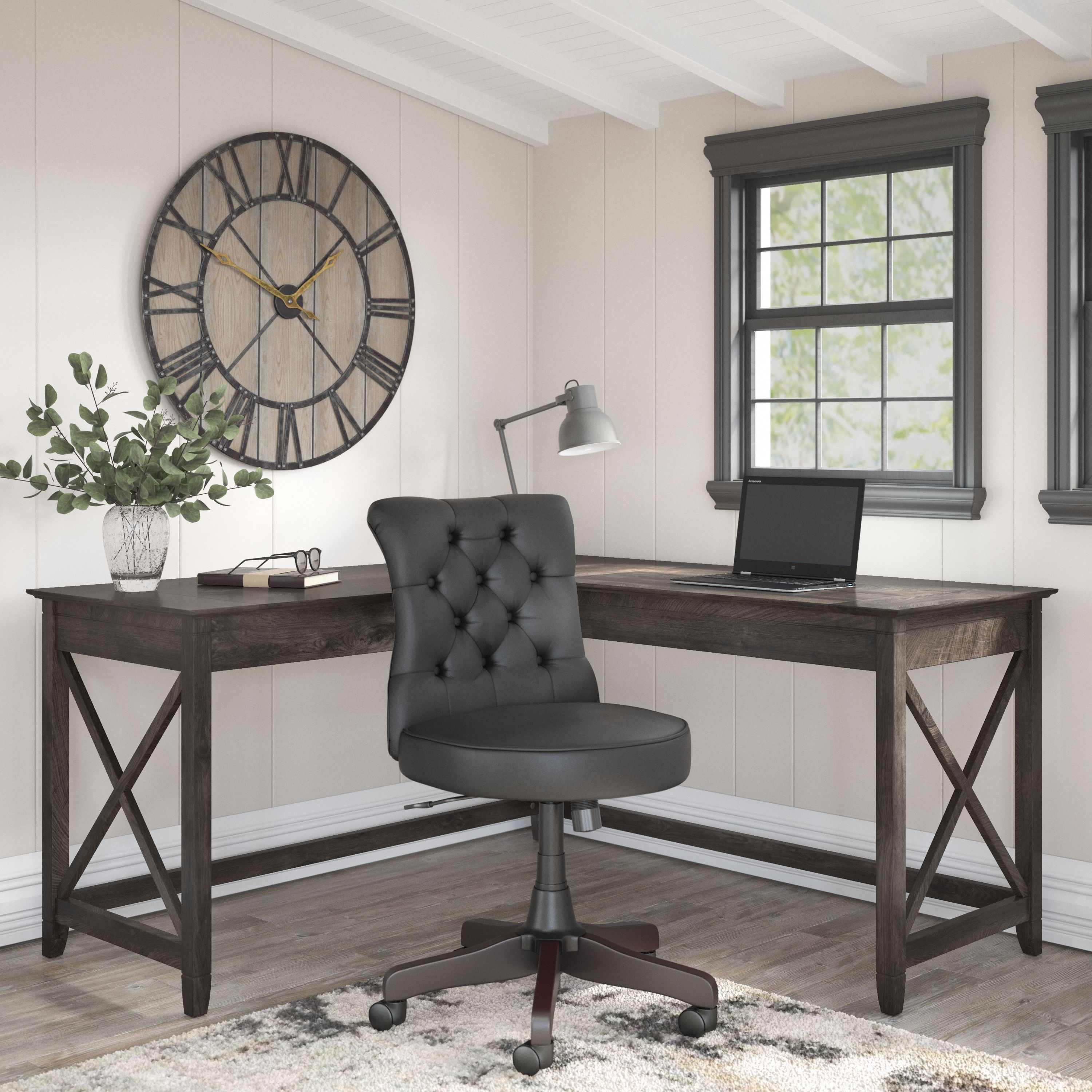 Shop Bush Furniture Key West 60W L Shaped Desk with Mid Back Tufted Office Chair 01 KWS045GH #color_dark gray hickory