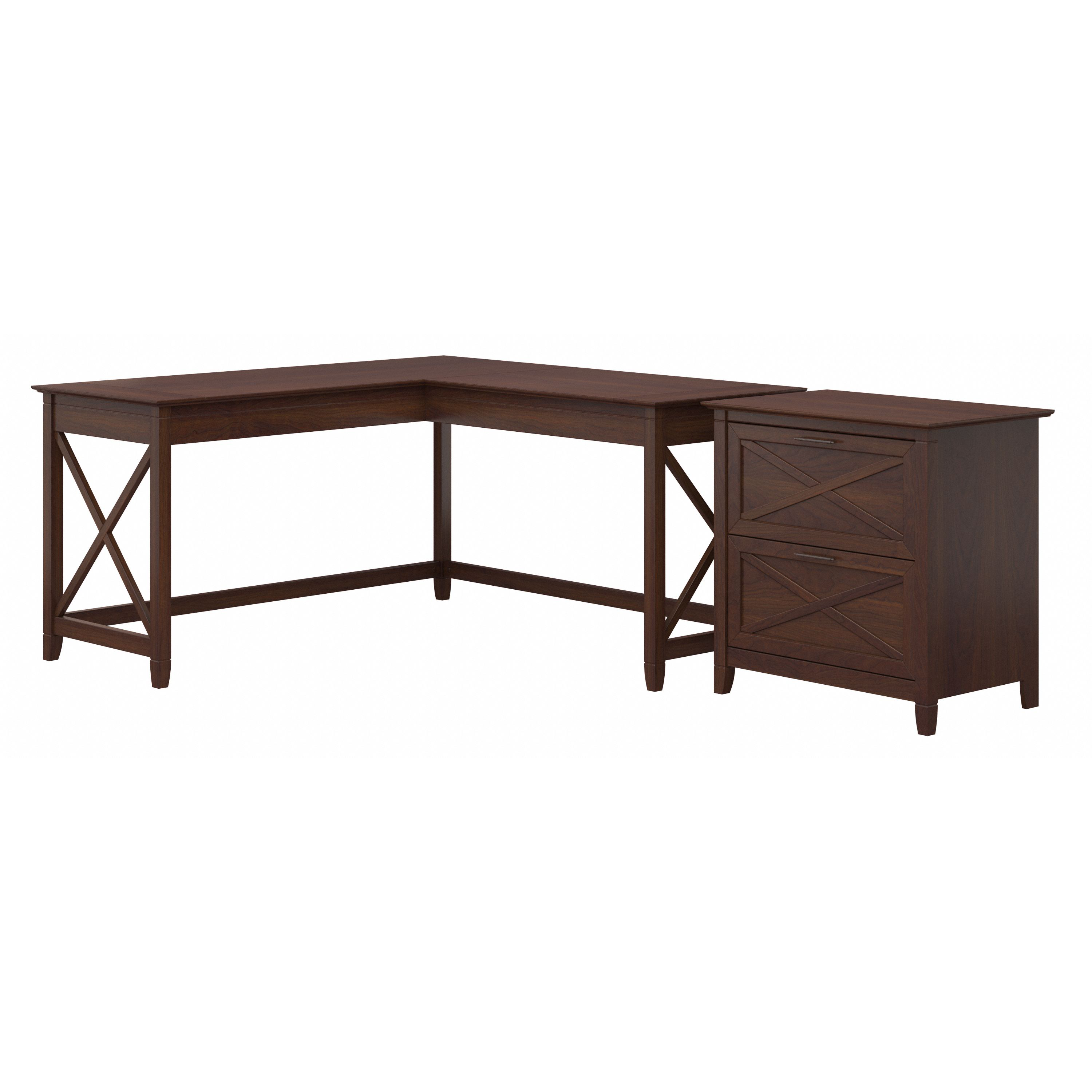 Shop Bush Furniture Key West 60W L Shaped Desk with 2 Drawer Lateral File Cabinet 02 KWS014BC #color_bing cherry