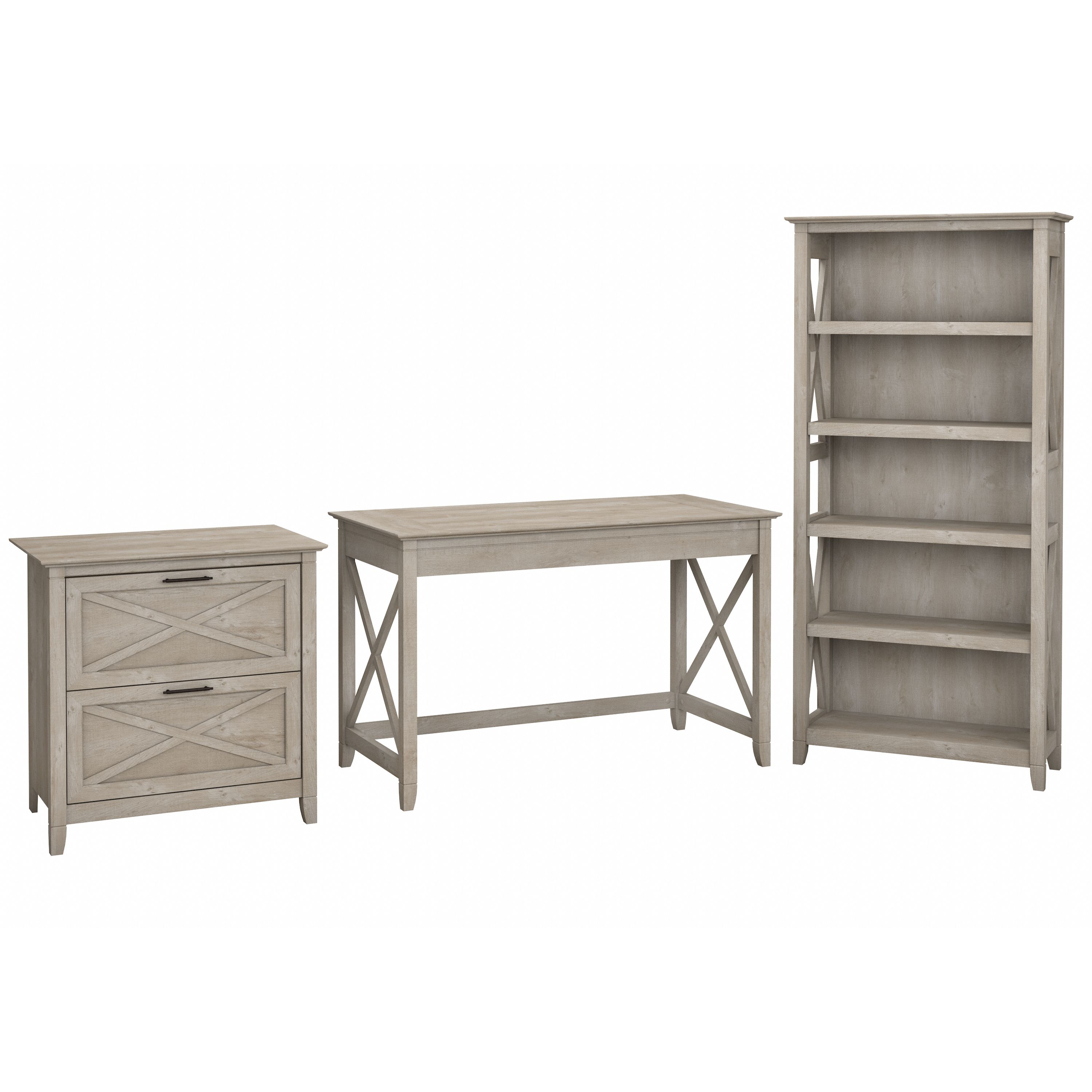 Shop Bush Furniture Key West 48W Writing Desk with 2 Drawer Lateral File Cabinet and 5 Shelf Bookcase 02 KWS004WG #color_washed gray