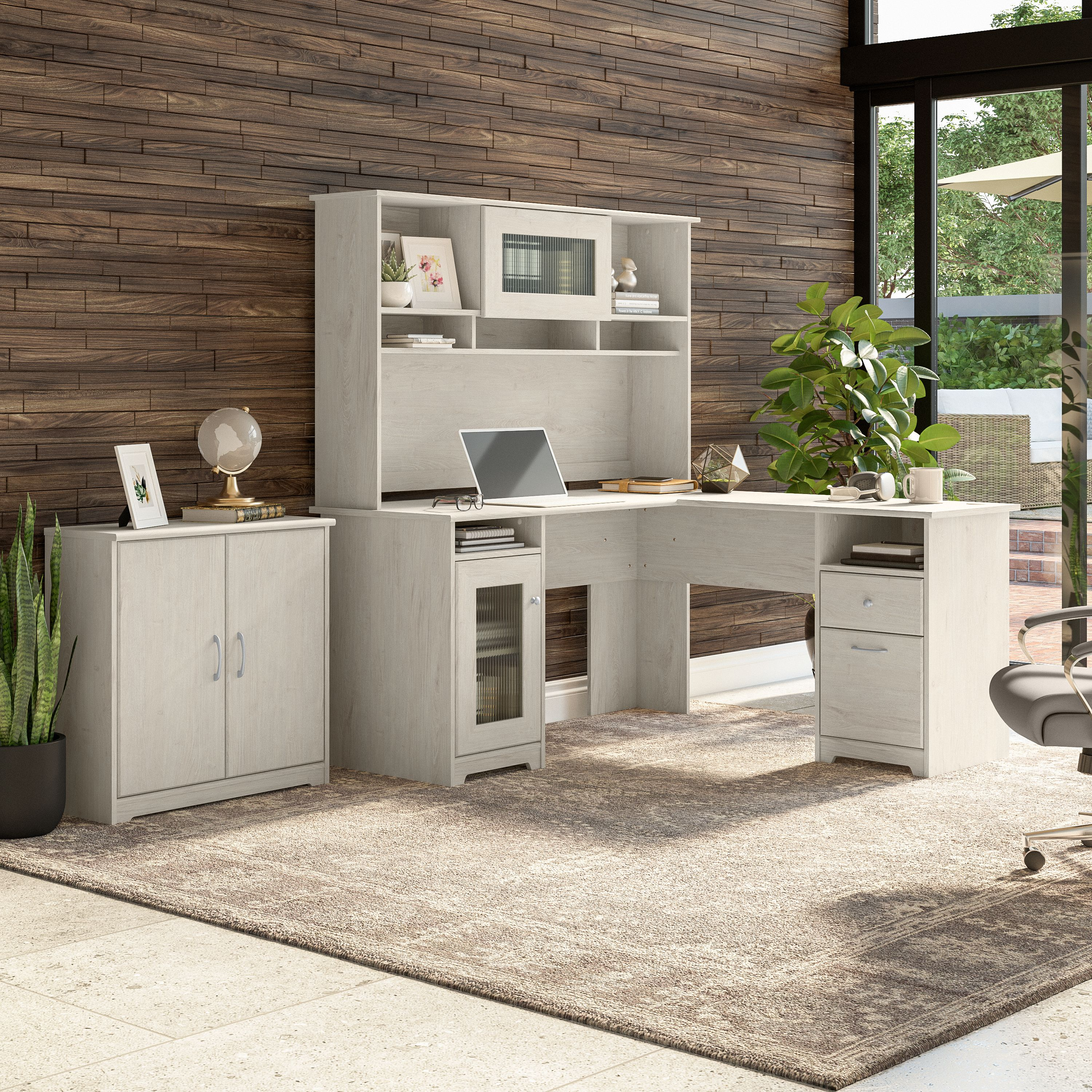 Shop Bush Furniture Cabot 60W L Shaped Computer Desk with Hutch and Small Storage Cabinet 01 CAB016LW #color_linen white oak