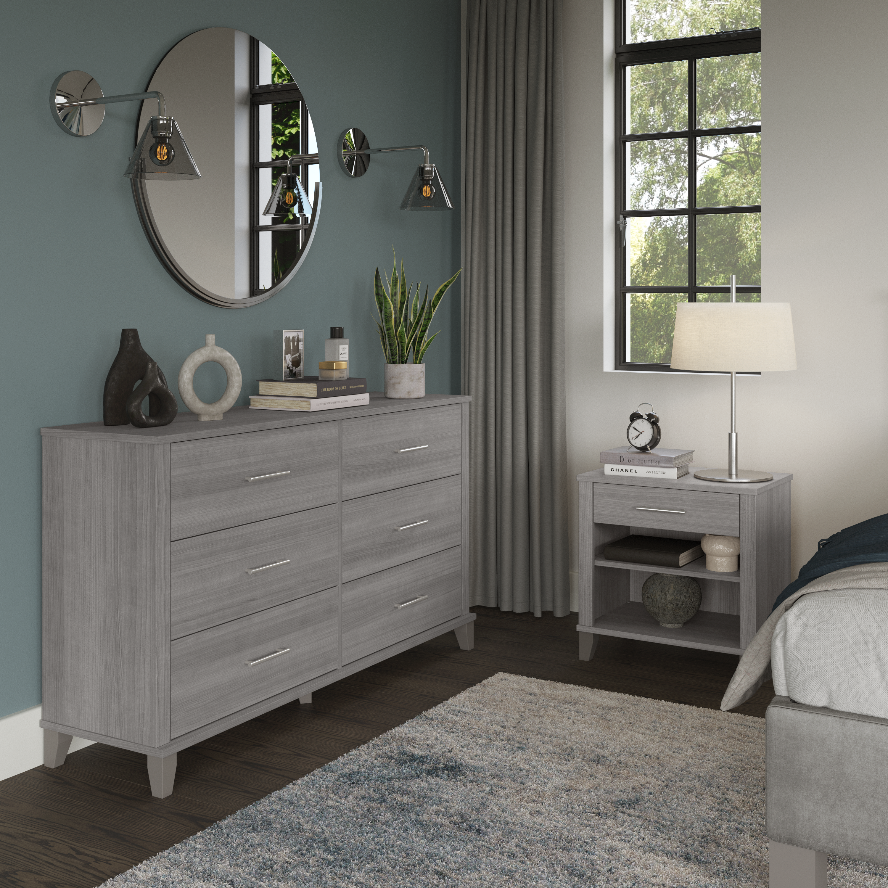 Shop Bush Furniture Somerset 6 Drawer Dresser and Nightstand Set 01 SET035PG #color_platinum gray