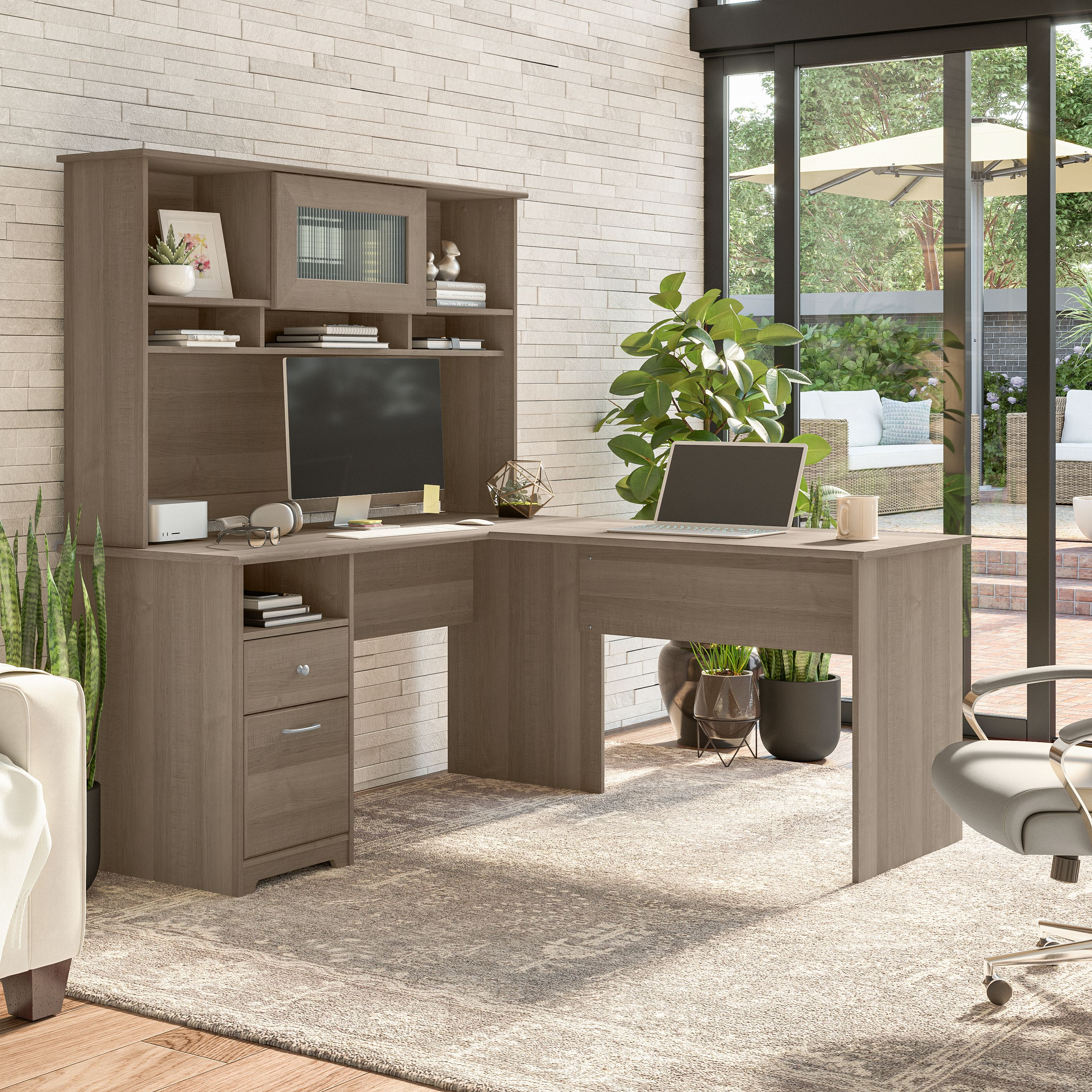 Shop Bush Furniture Cabot 60W L Shaped Computer Desk with Hutch and Drawers 01 CAB046AG #color_ash gray