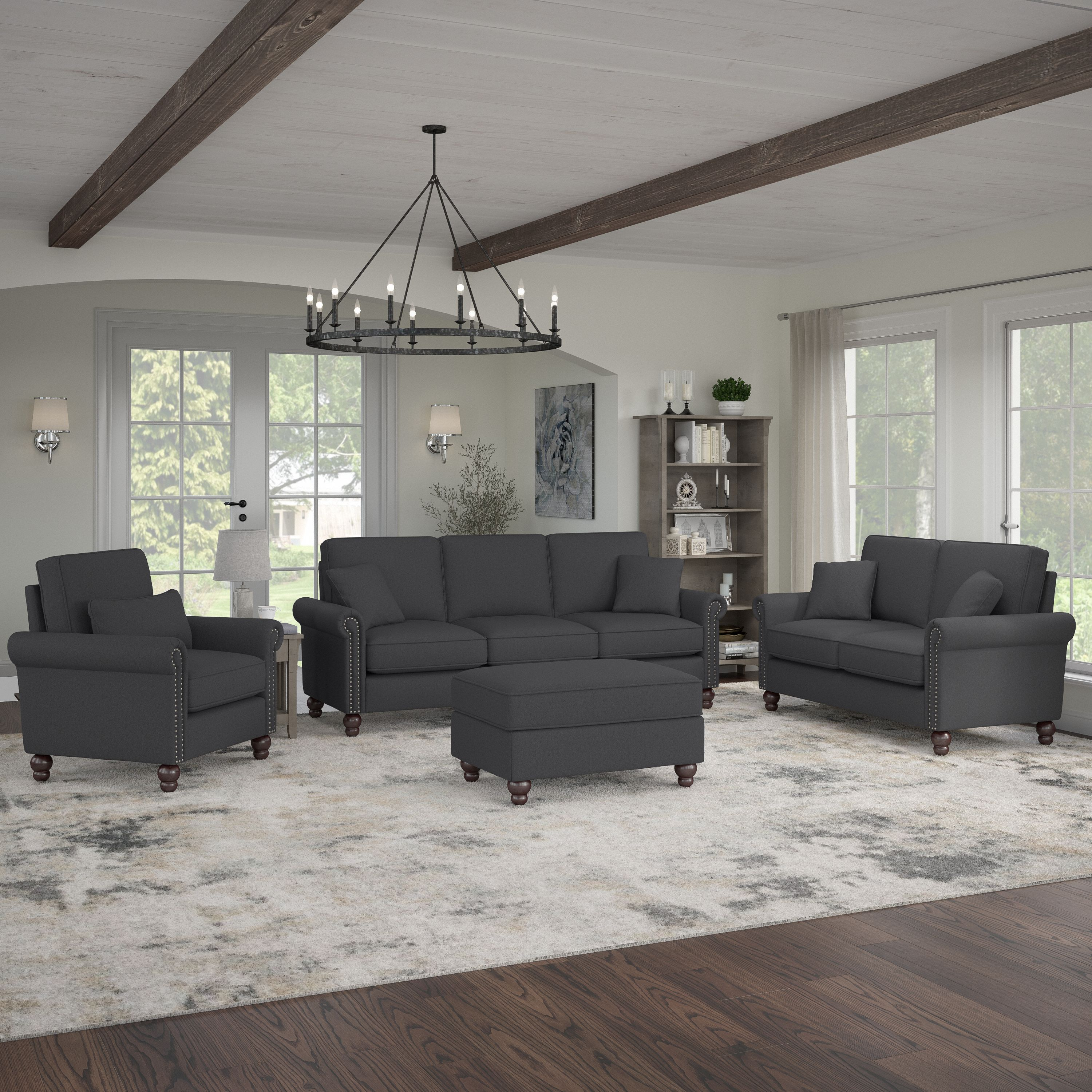 Shop Bush Furniture Coventry 85W Sofa with Loveseat, Accent Chair, and Ottoman 01 CVN020CGH #color_charcoal gray herringbone fabr