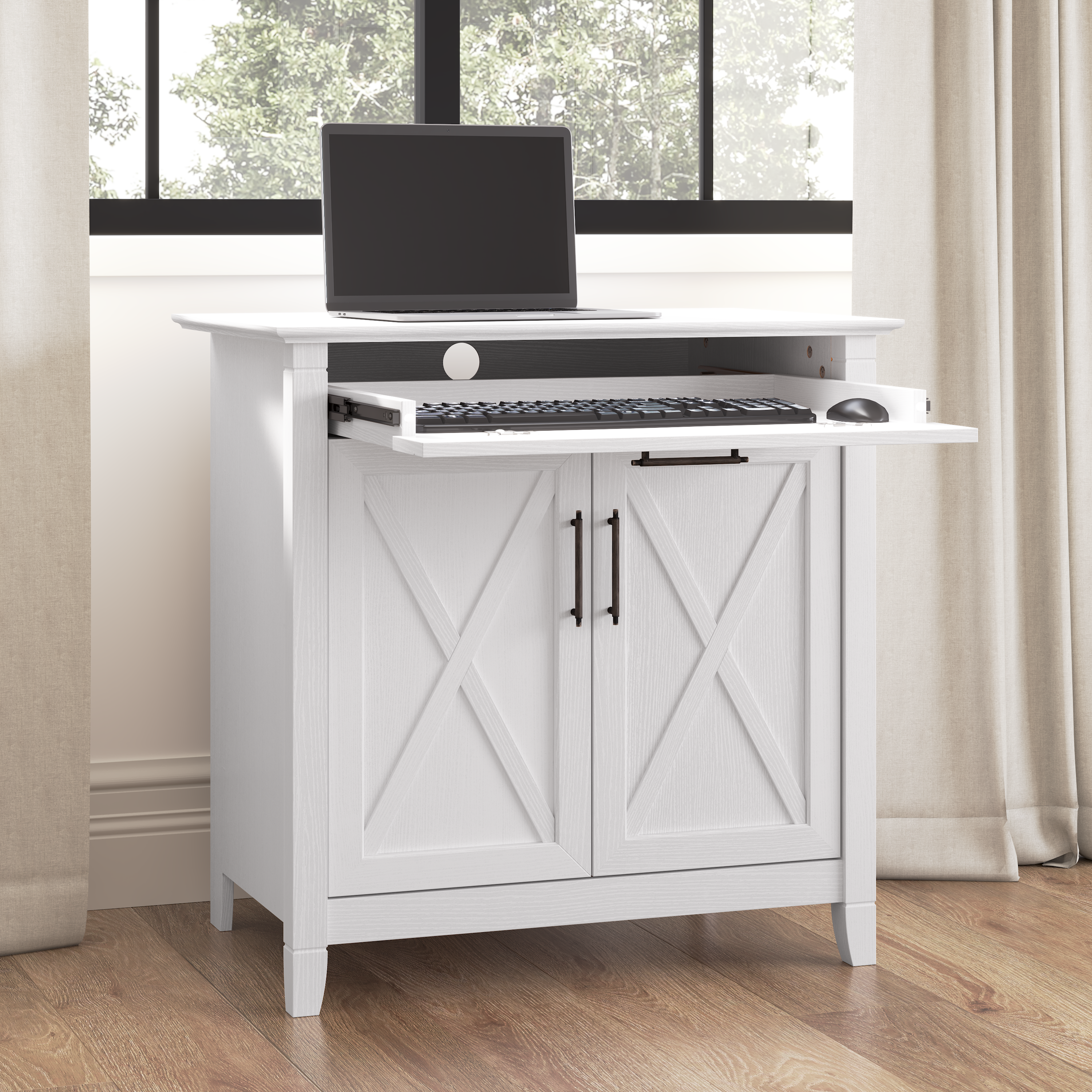 Shop Bush Furniture Key West Secretary Desk with Keyboard Tray and Storage Cabinet 06 KWS132WT-03 #color_pure white oak