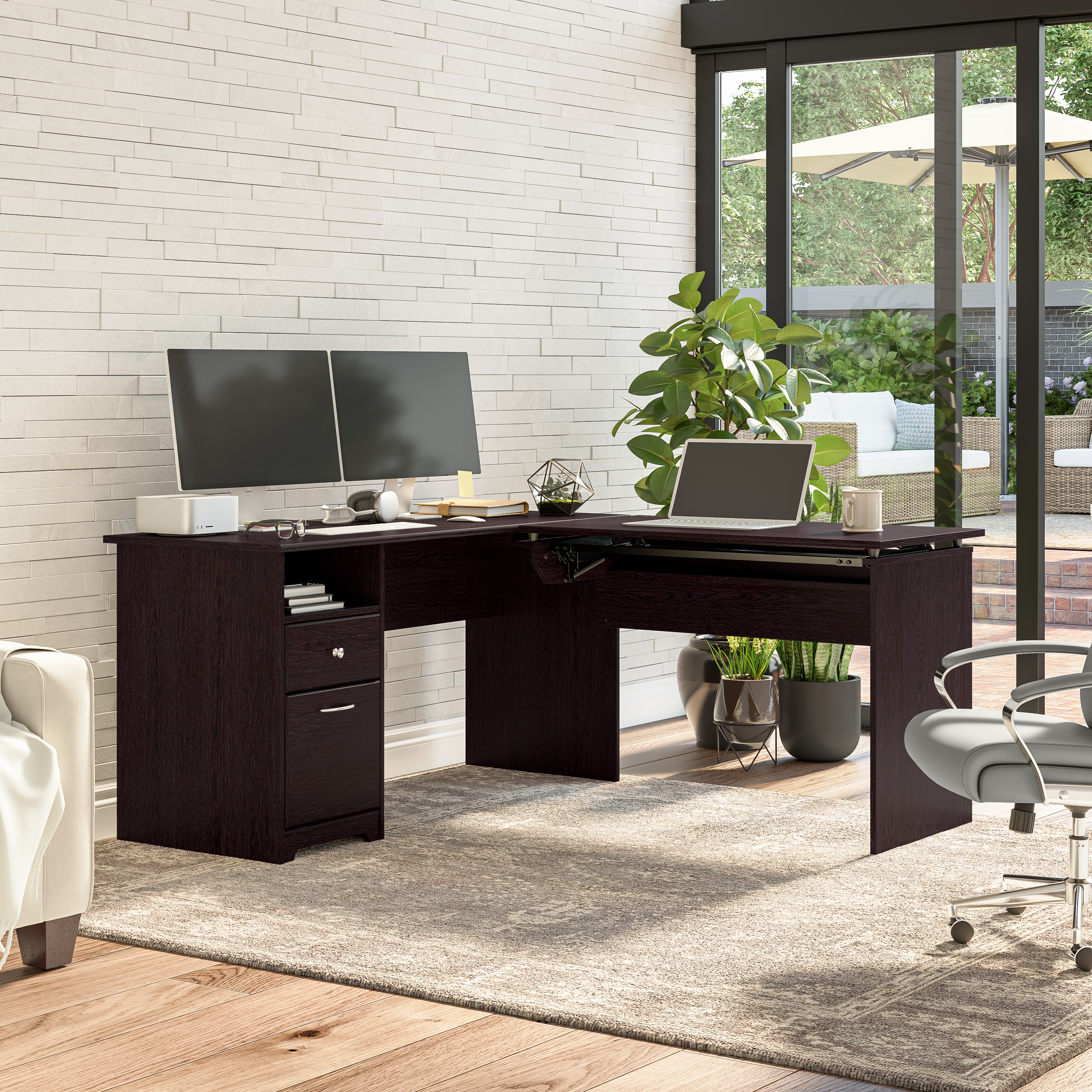 Shop Bush Furniture Cabot 60W 3 Position Sit to Stand L Shaped Desk 06 CAB043EPO #color_espresso oak