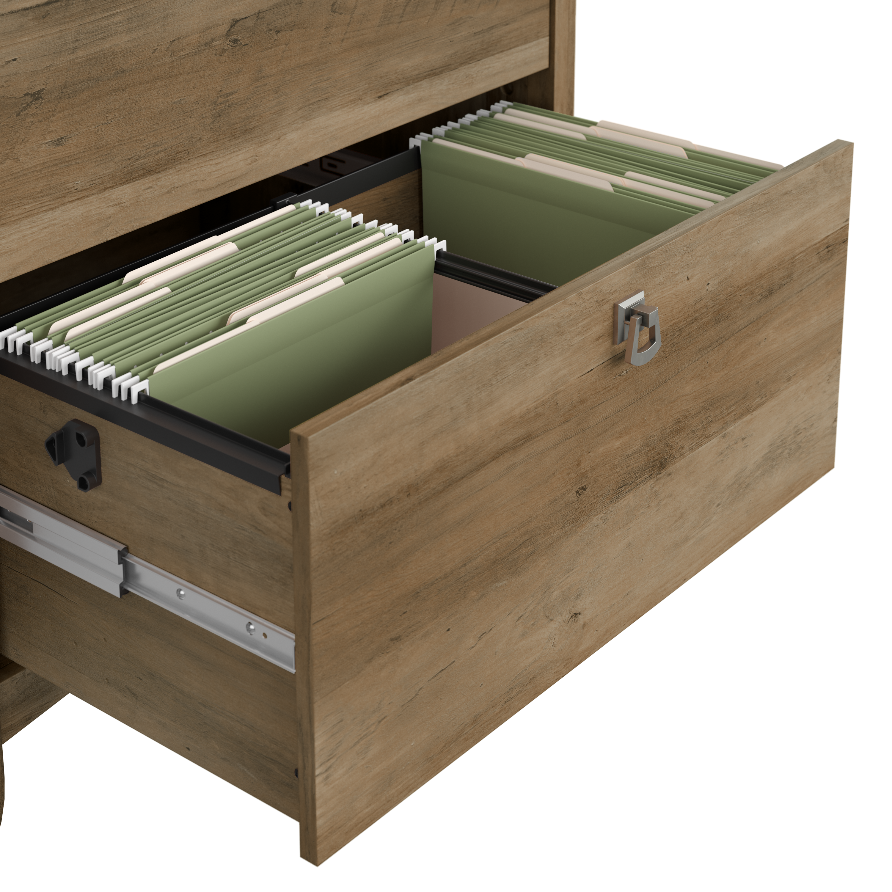 Shop Bush Furniture Salinas 60W L Shaped Desk with Lateral File Cabinet and 5 Shelf Bookcase 08 SAL003RCP #color_reclaimed pine