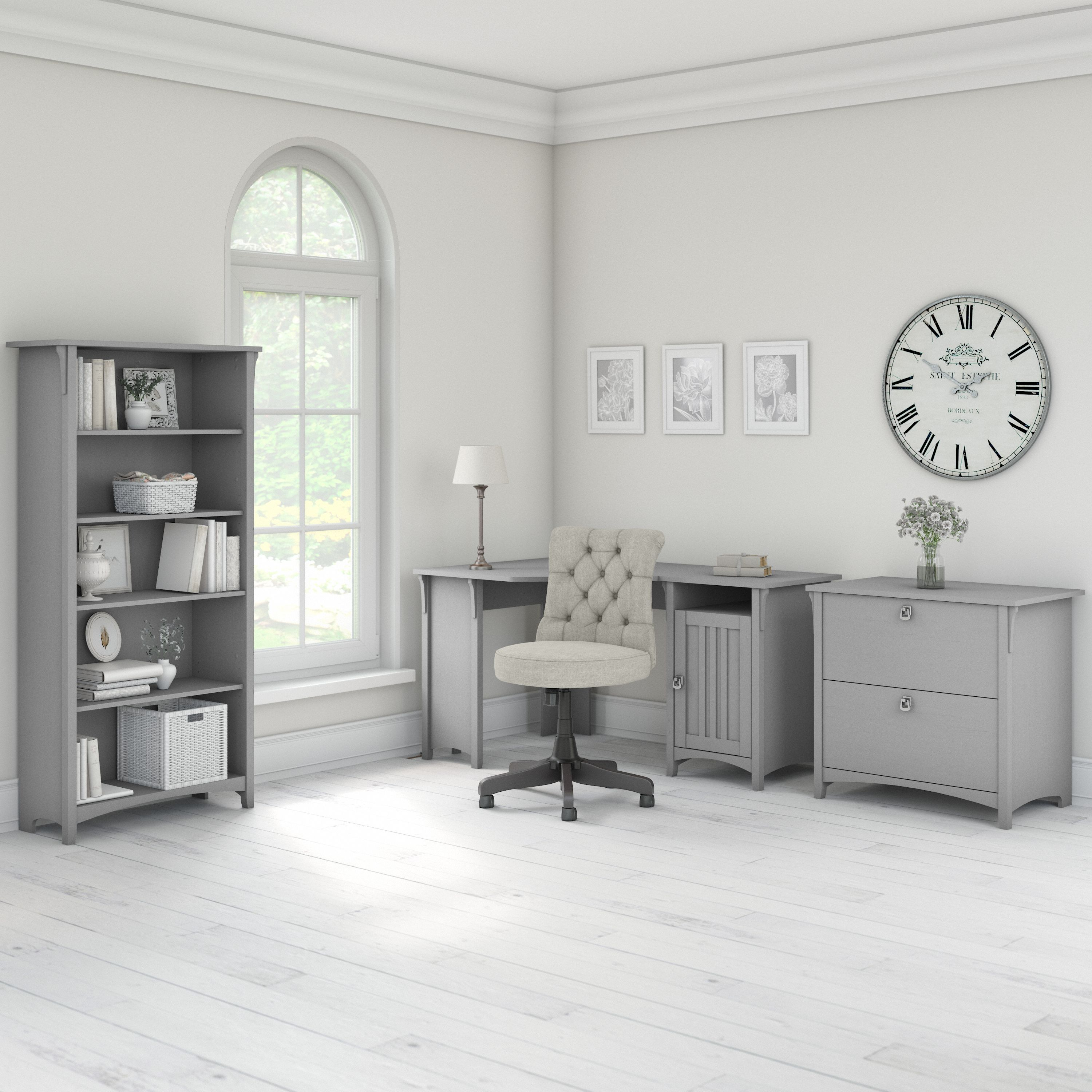 Shop Bush Furniture Salinas 55W Corner Desk with Lateral File Cabinet and 5 Shelf Bookcase 01 SAL013CG #color_cape cod gray