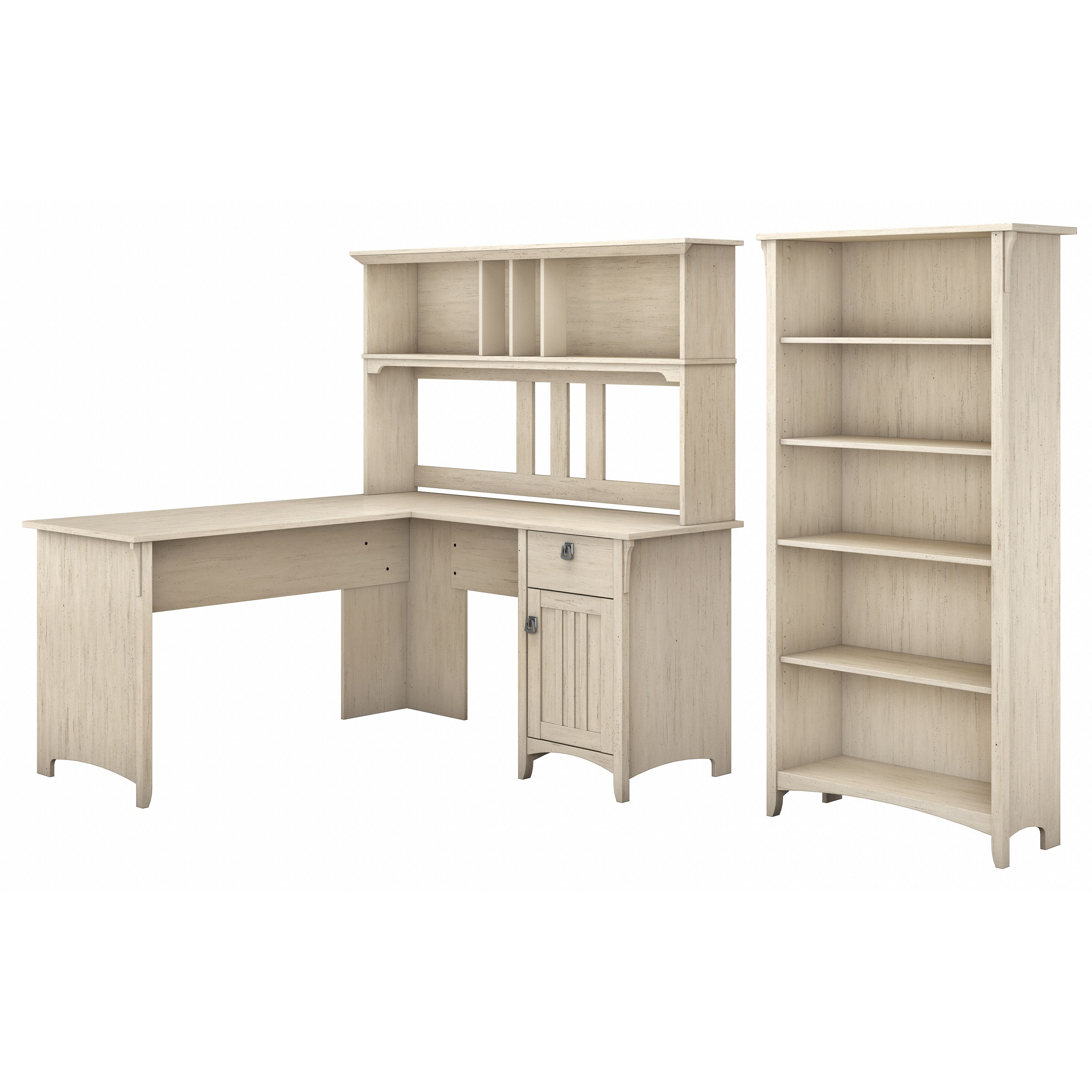 Shop Bush Furniture Salinas 60W L Shaped Desk with Hutch and 5 Shelf Bookcase 02 SAL006AW #color_antique white