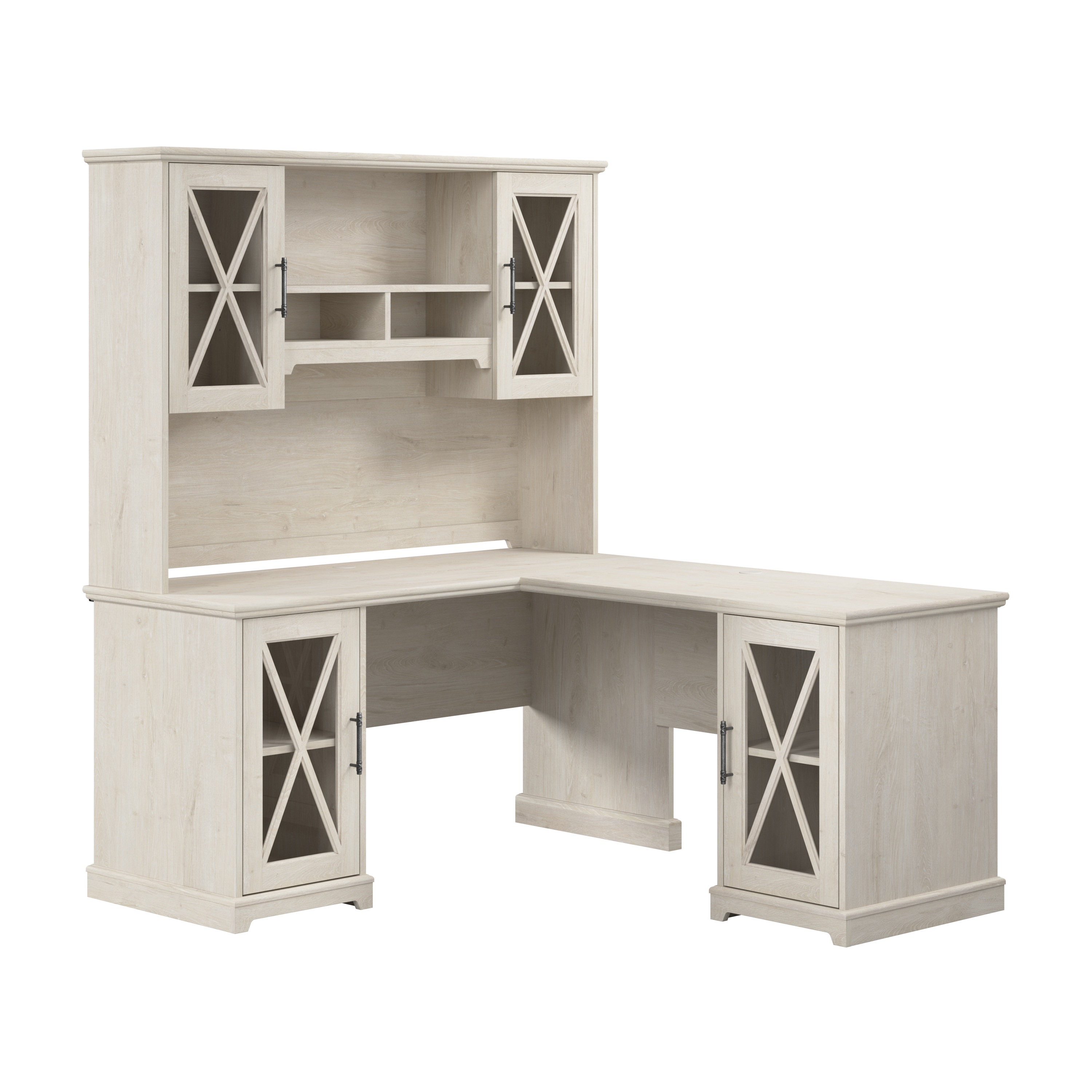 Shop Bush Furniture Lennox 60W Farmhouse L Shaped Desk with Hutch and Storage Cabinets 02 LEN005LW #color_linen white oak