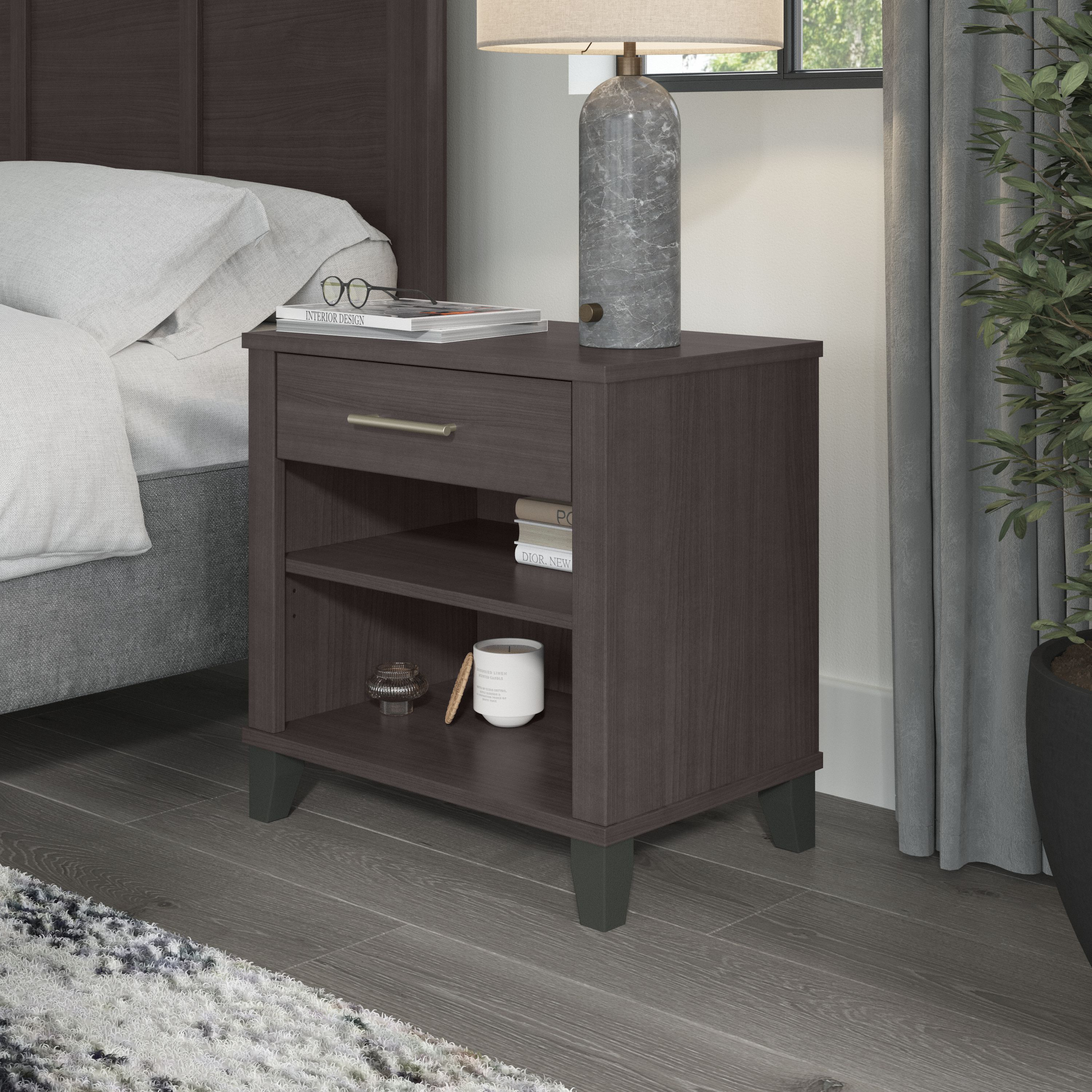 Shop Bush Furniture Somerset Nightstand with Drawer and Shelves 01 STS119SG #color_storm gray