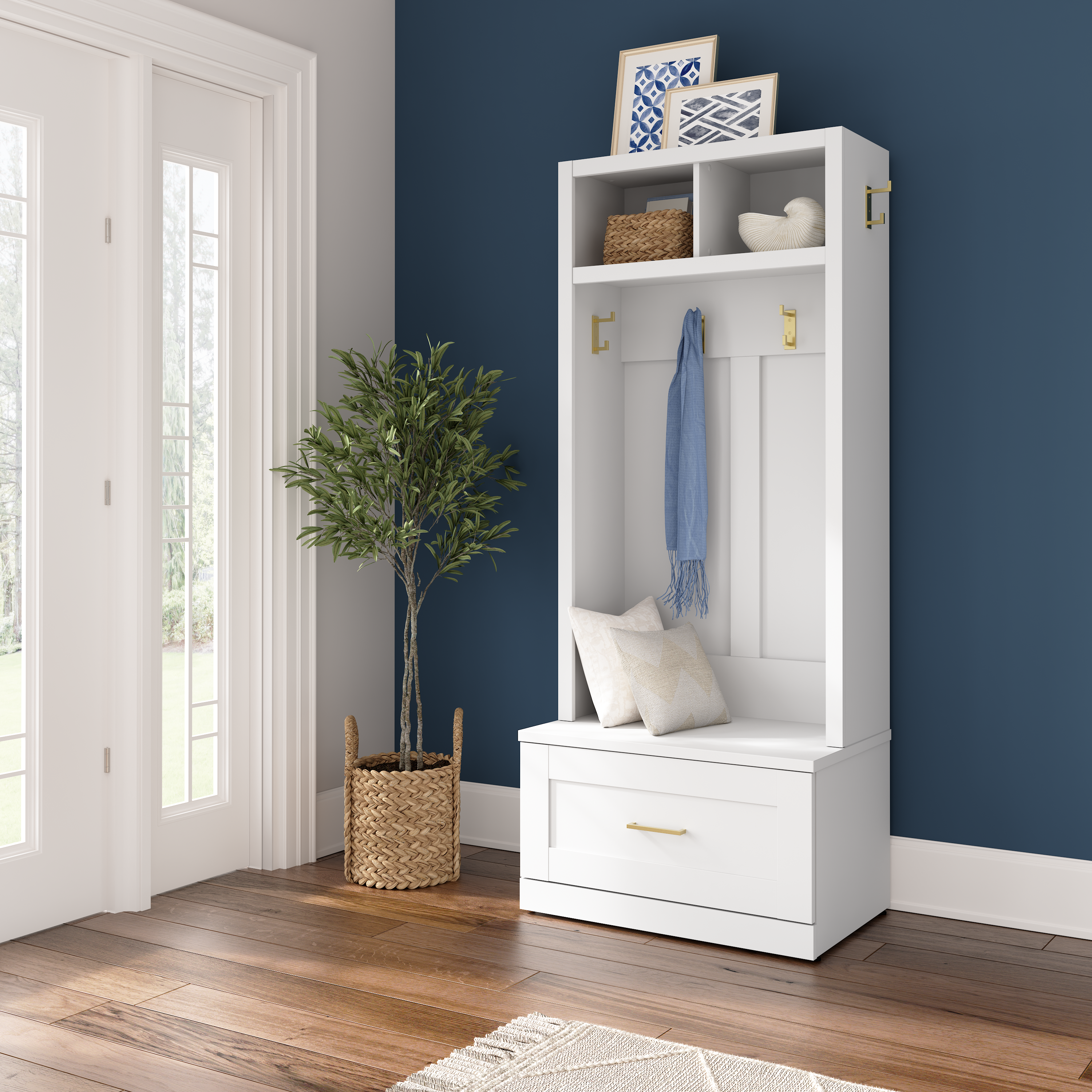 Shop Bush Furniture Hampton Heights Entryway Storage Set with 30W Hall Tree and Shoe Bench with Drawer 01 HHS001WH #color_white