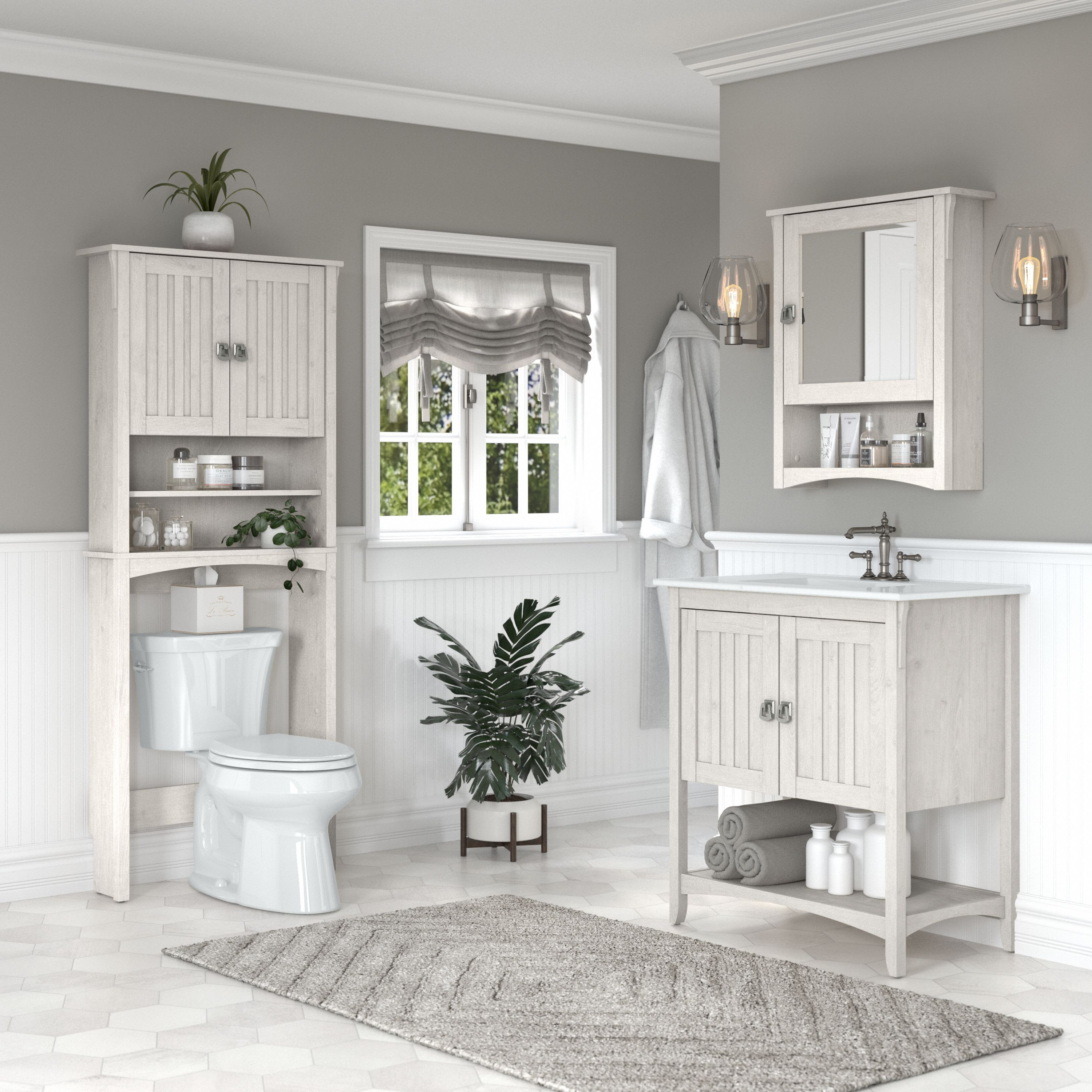 Shop Bush Furniture Salinas 32W Bathroom Vanity Sink with Mirror and Over The Toilet Storage Cabinet 01 SAL023LW #color_linen white oak