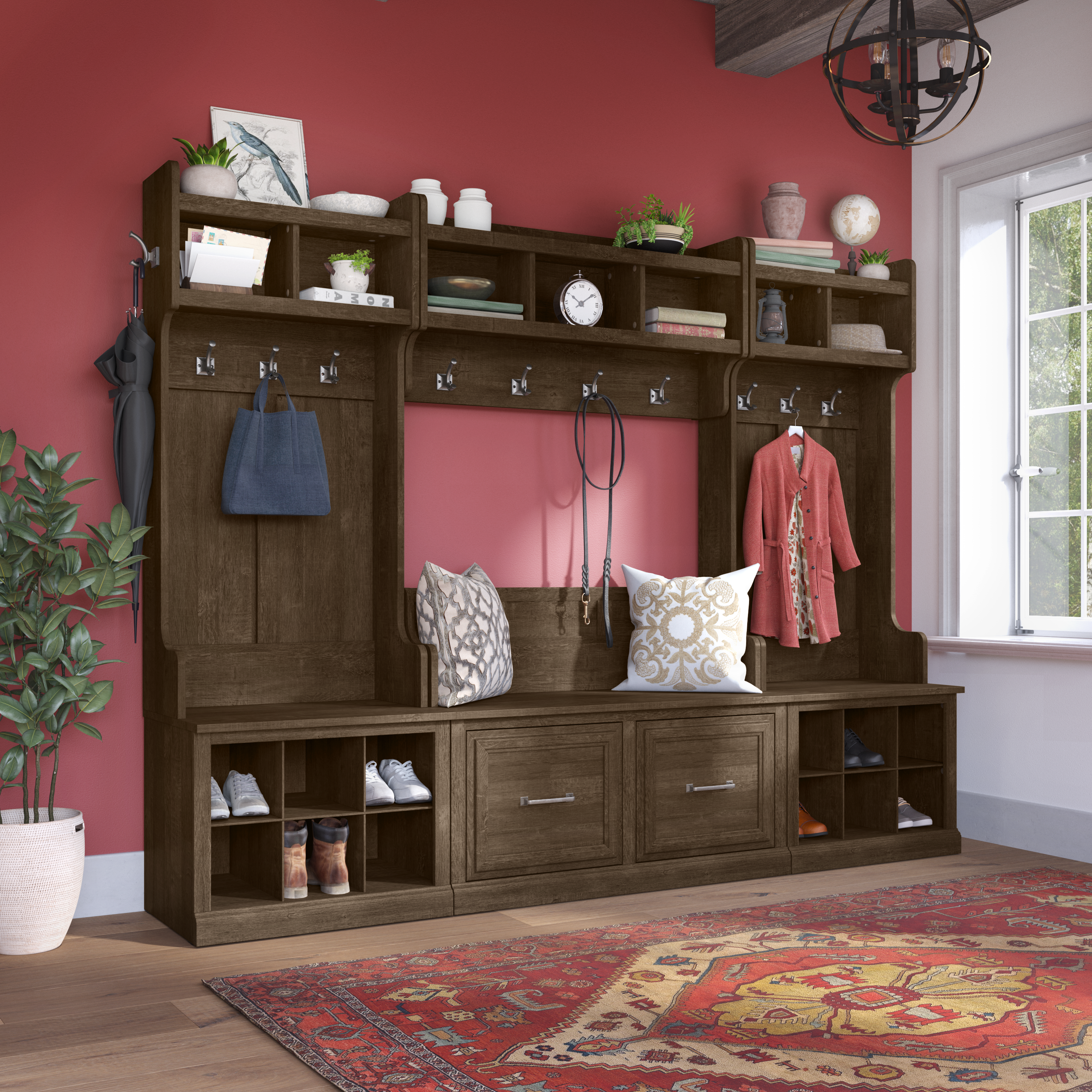 Shop Bush Furniture Woodland 24W Hall Tree and Small Shoe Bench with Shelves 08 WDL008ABR #color_ash brown