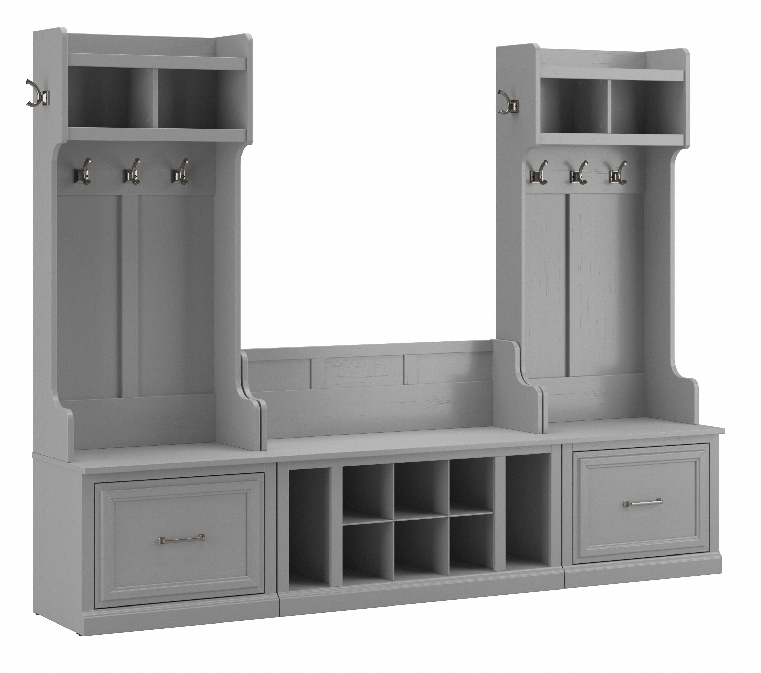 Shop Bush Furniture Woodland Entryway Storage Set with Hall Trees and Shoe Bench with Drawers 02 WDL012CG #color_cape cod gray
