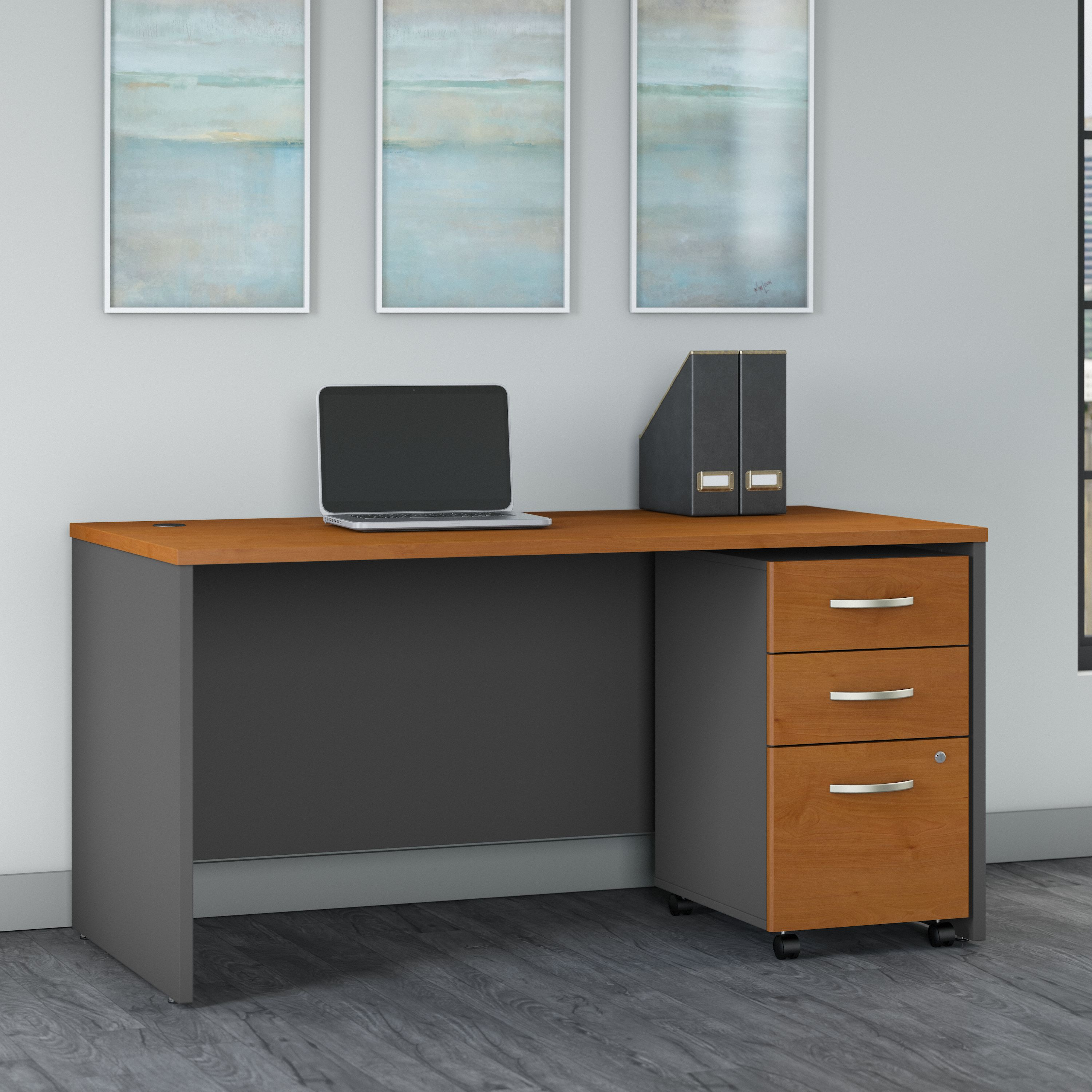 Shop Bush Business Furniture Series C 60W x 30D Office Desk with 3 Drawer Mobile File Cabinet 01 SRC144NCSU #color_natural cherry/graphite gray