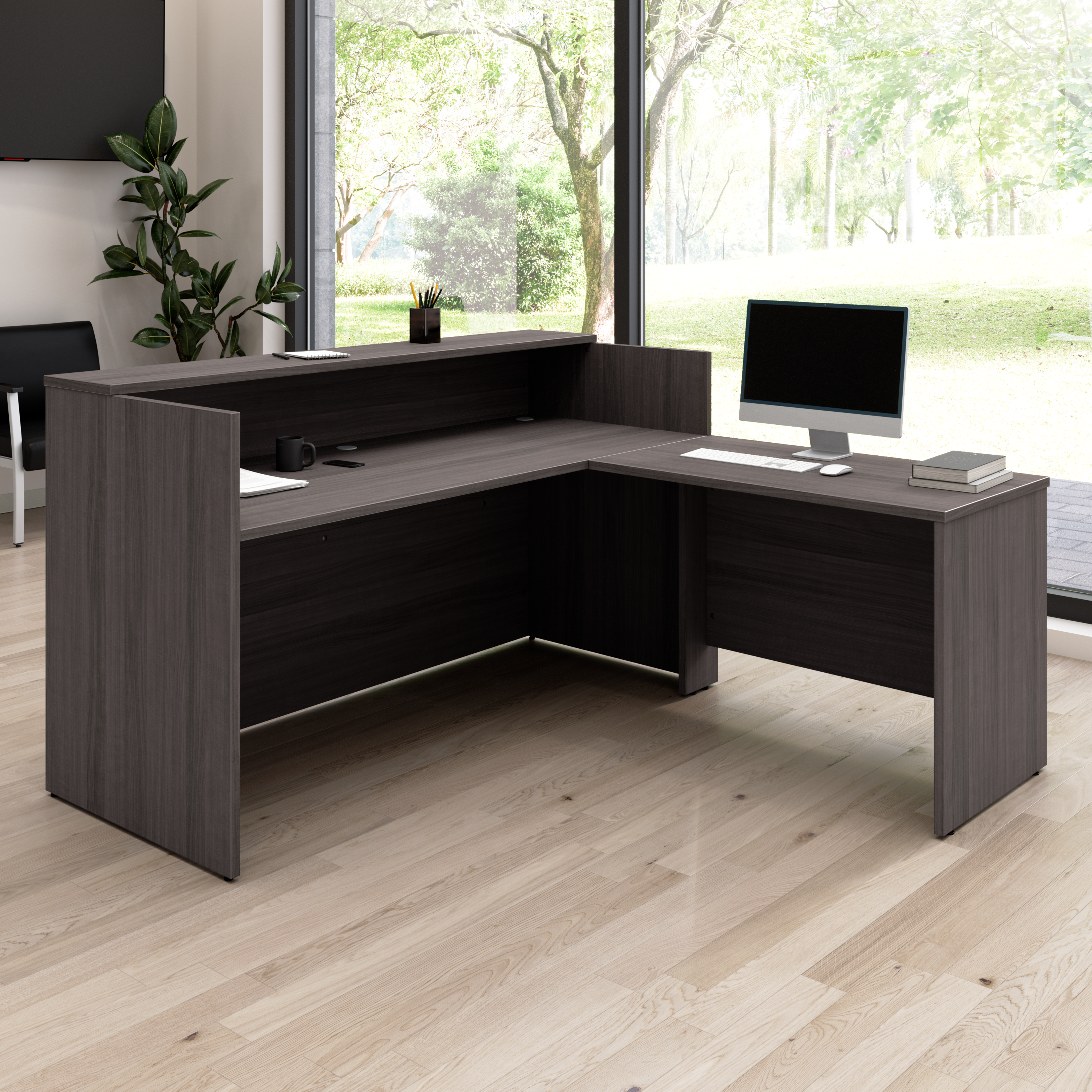Shop Bush Business Furniture Arrive 72W x 72D L Shaped Reception Desk with Shelf 01 ARV006SG #color_storm gray