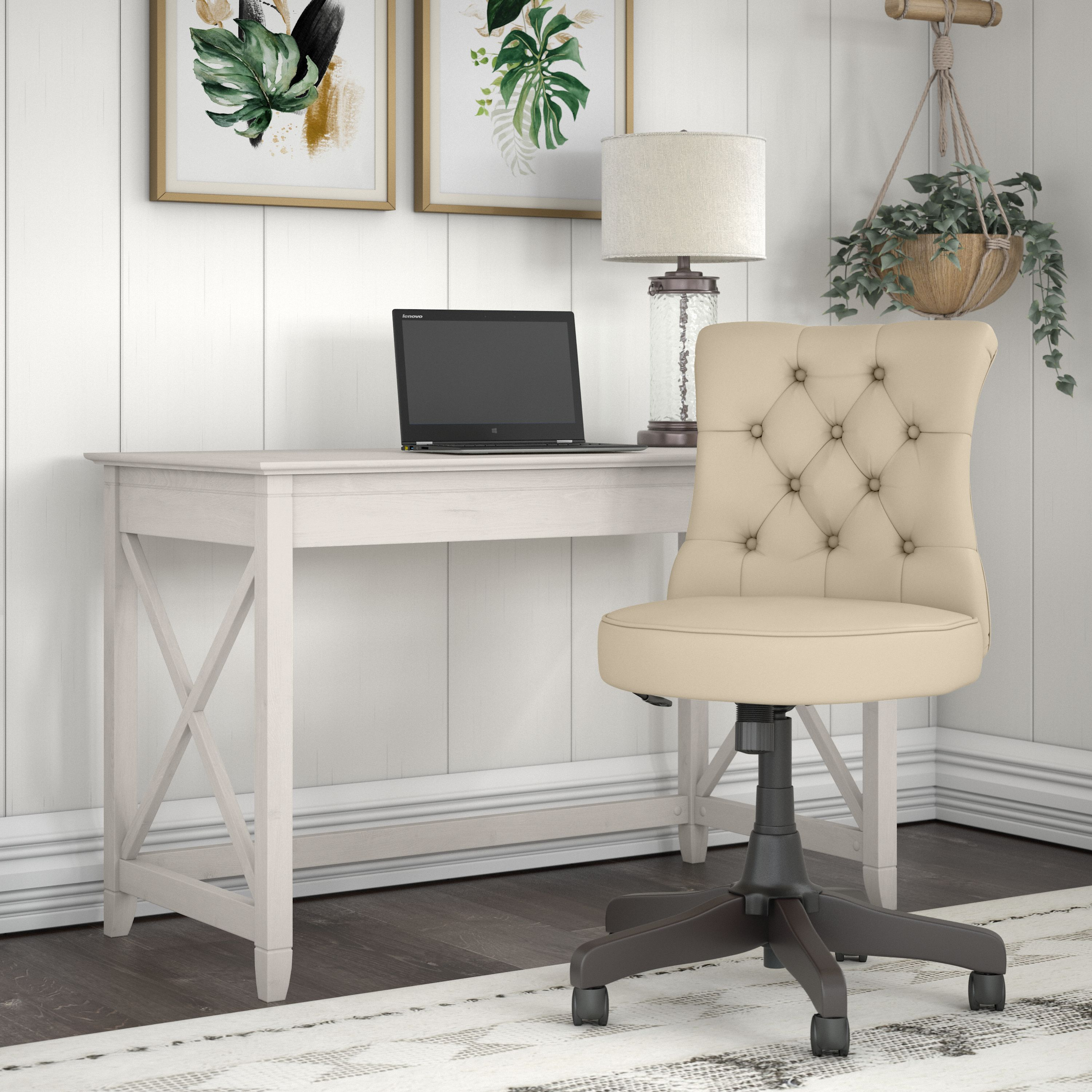 Shop Bush Furniture Key West 48W Writing Desk with Mid Back Tufted Office Chair 01 KWS021LW #color_linen white oak