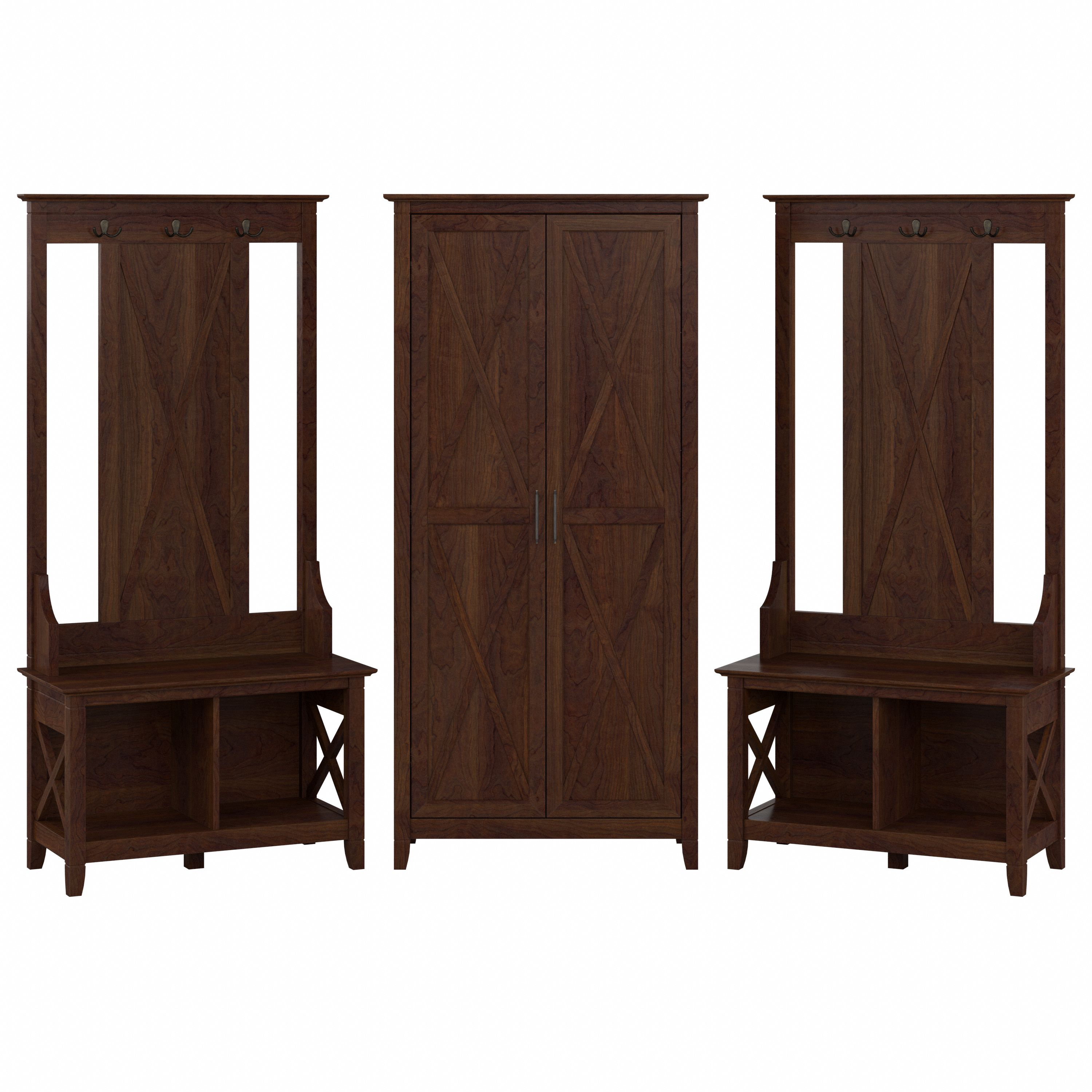 Shop Bush Furniture Key West Entryway Storage Set with Hall Tree, Shoe Bench and Tall Cabinet 02 KWS057BC #color_bing cherry