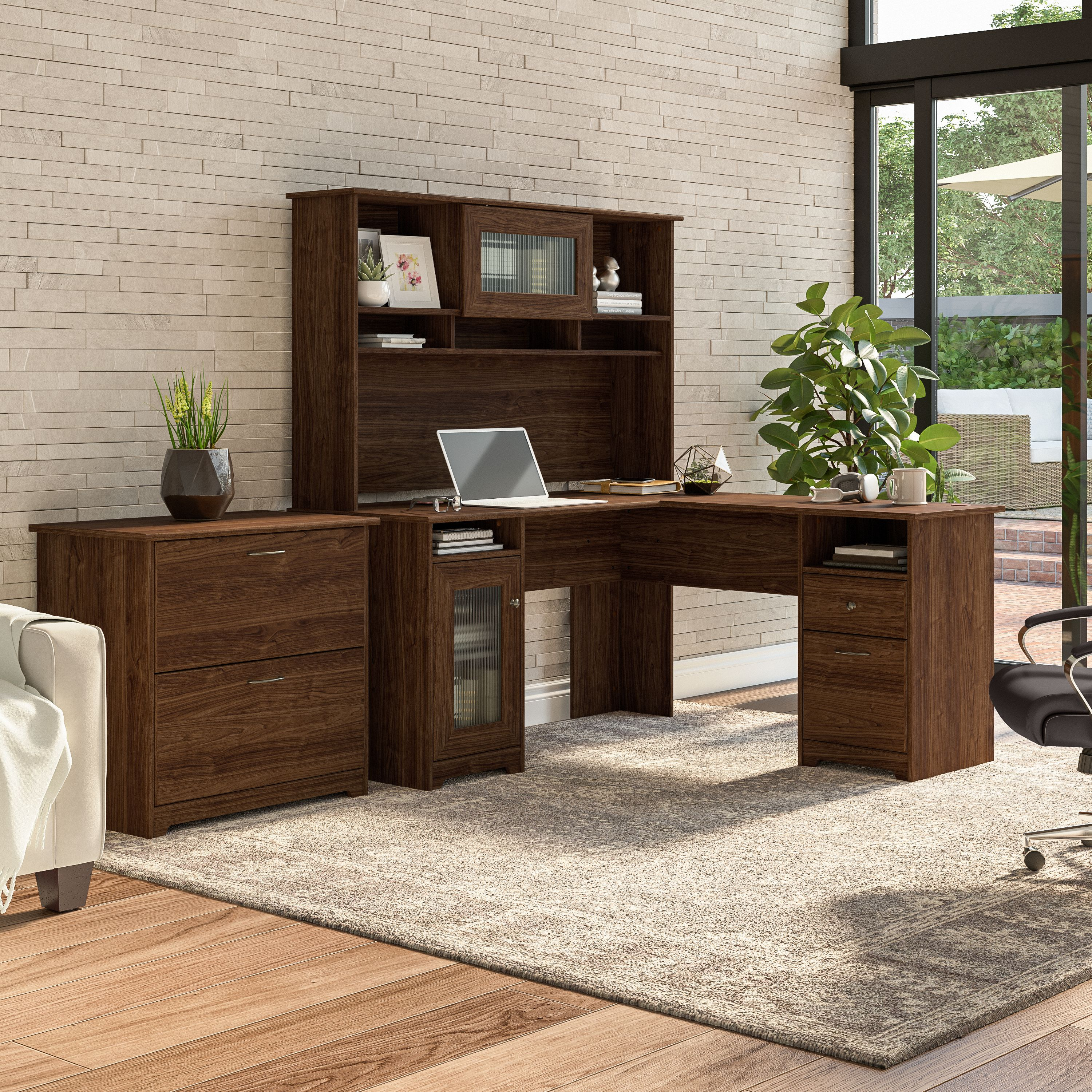 Shop Bush Furniture Cabot 60W L Shaped Computer Desk with Hutch and Lateral File Cabinet 01 CAB005MW #color_modern walnut