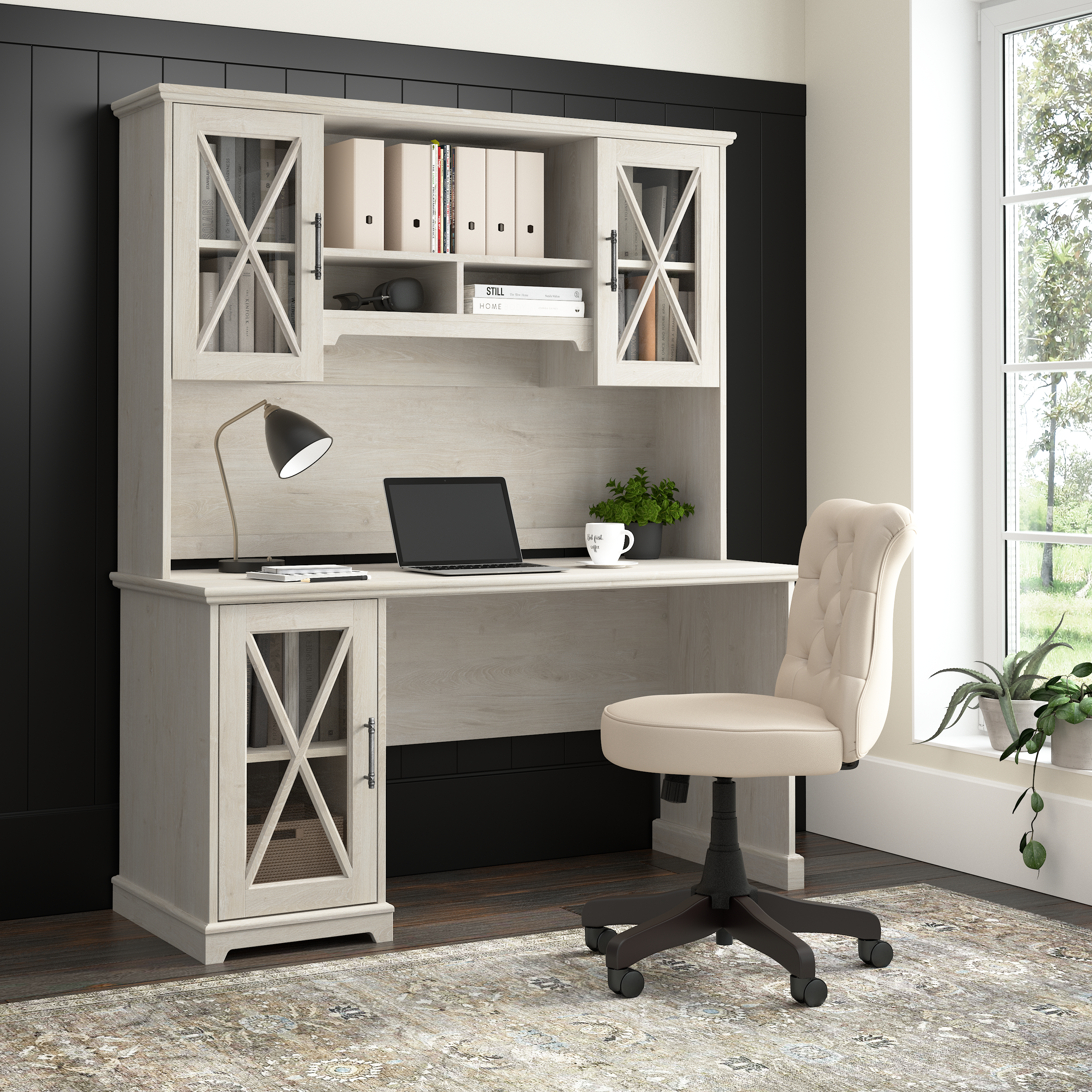 Shop Bush Furniture Lennox 60W Farmhouse Desk with Hutch and Storage Cabinet 01 LEN003LW #color_linen white oak