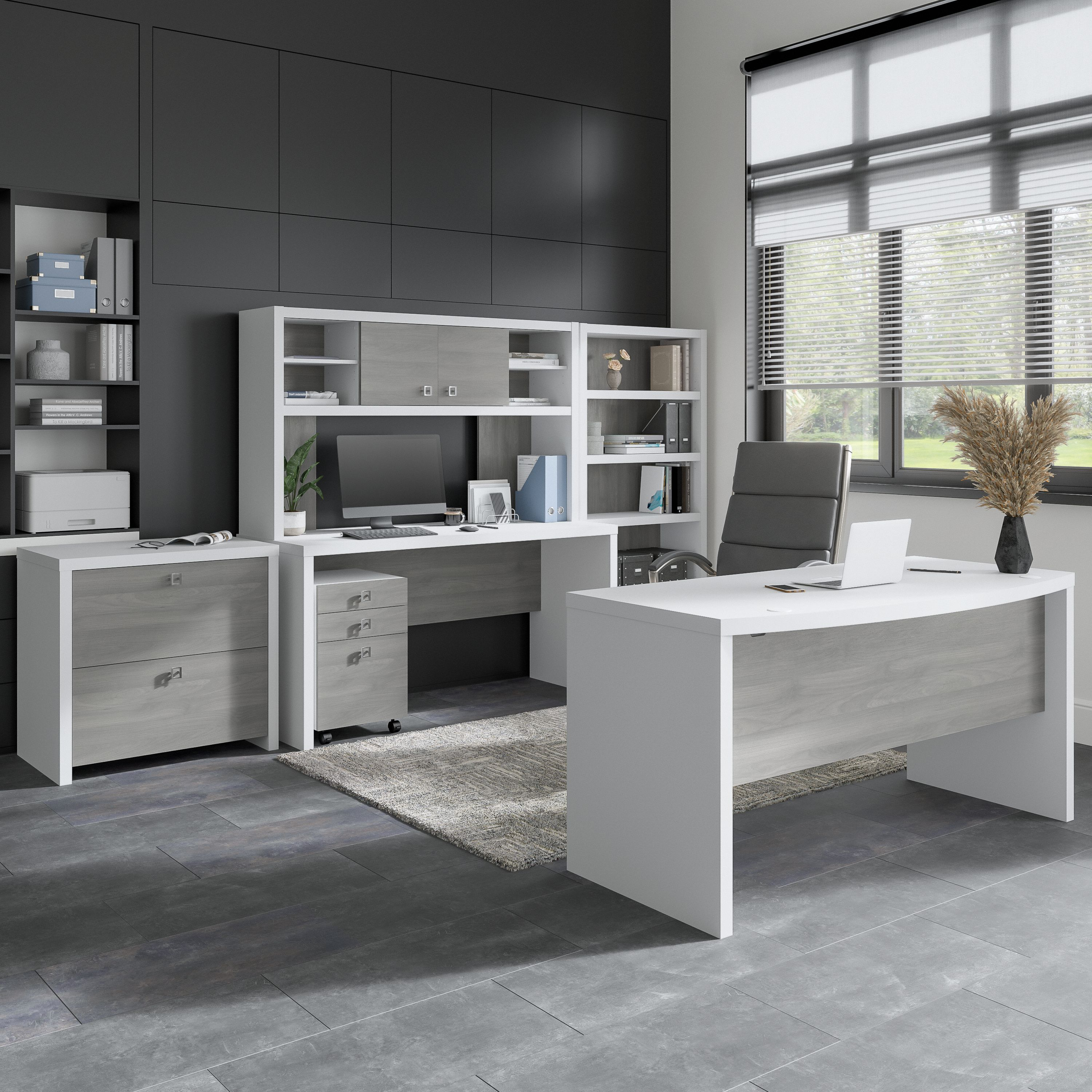 Shop Bush Business Furniture Echo Bow Front Desk, Credenza with Hutch, Bookcase and File Cabinets 01 ECH029WHMG #color_pure white/modern gray