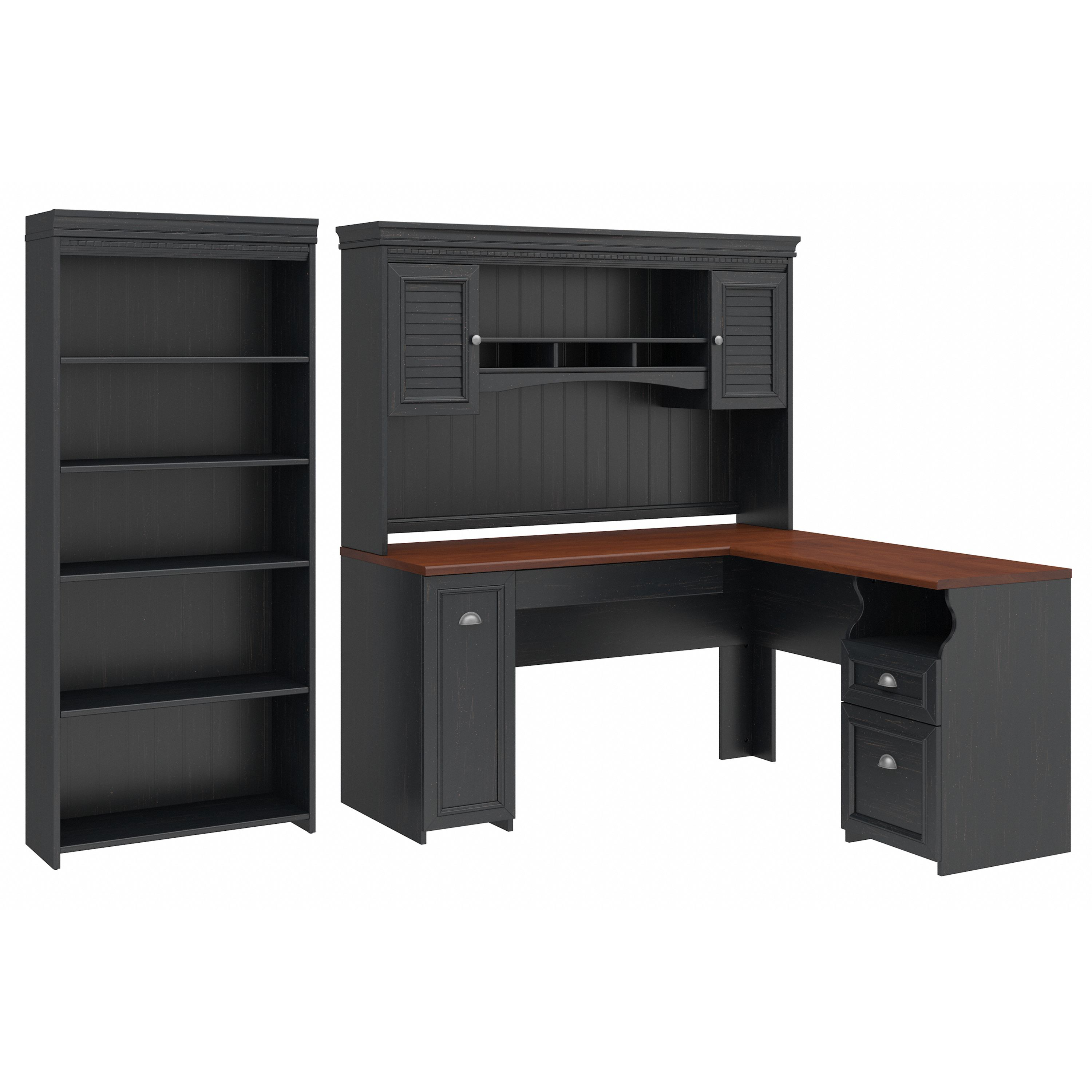 Shop Bush Furniture Fairview 60W L Shaped Desk with Hutch and 5 Shelf Bookcase 02 FV005AB #color_antique black