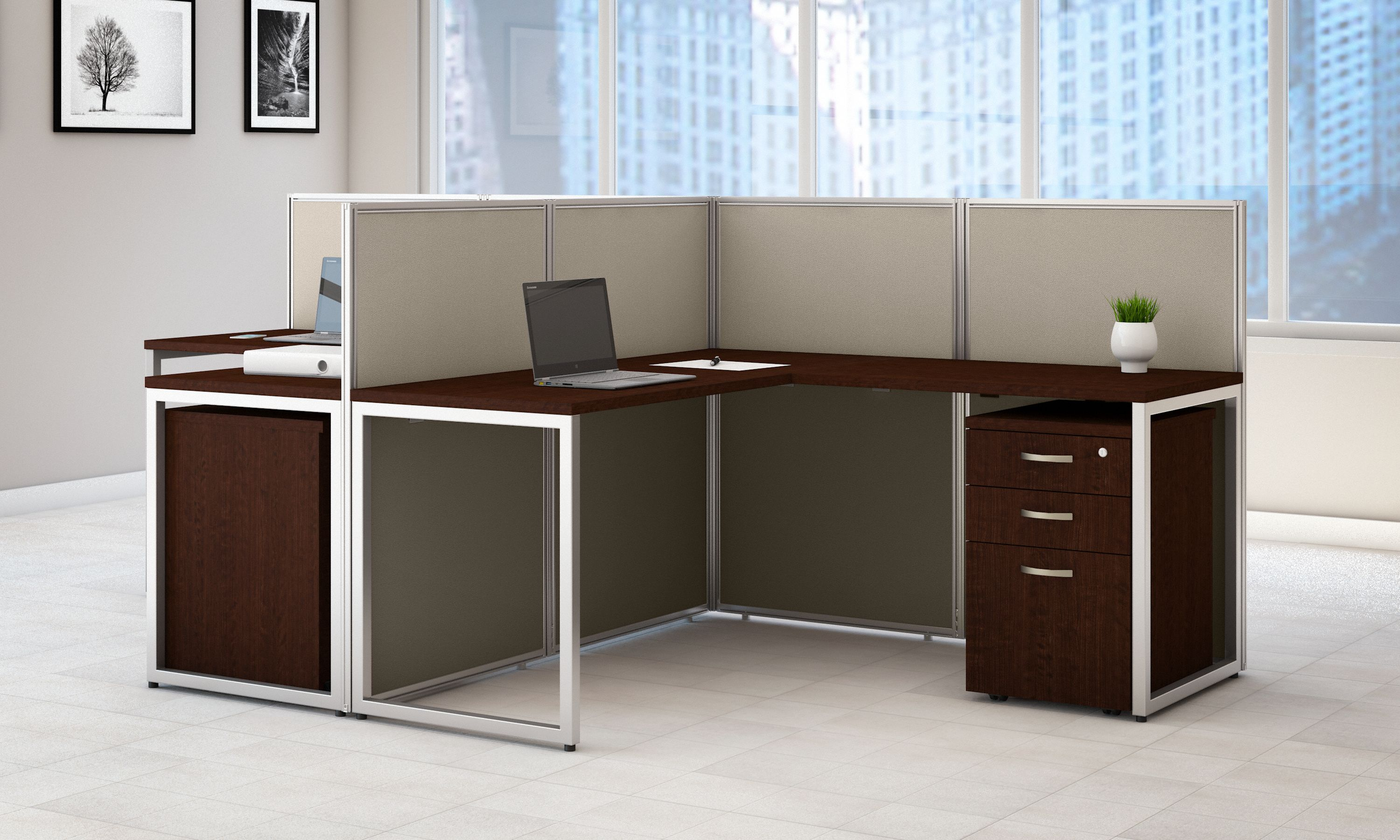 Shop Bush Business Furniture Easy Office 60W 2 Person L Shaped Cubicle Desk with Drawers and 45H Panels 01 EOD560SMR-03K #color_mocha cherry