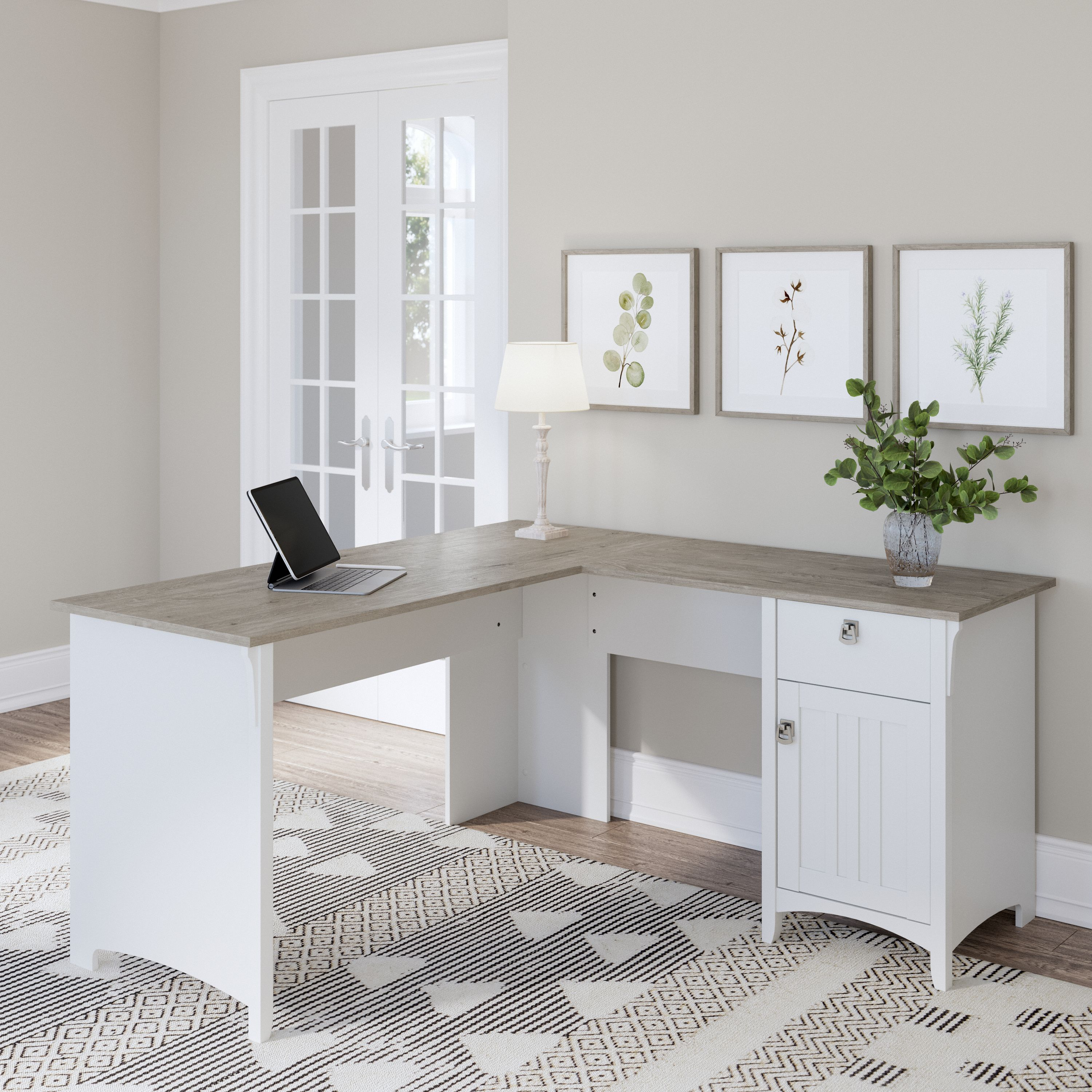 Shop Bush Furniture Salinas 60W L Shaped Desk with Storage 01 SAD160G2W-03 #color_shiplap gray/pure white