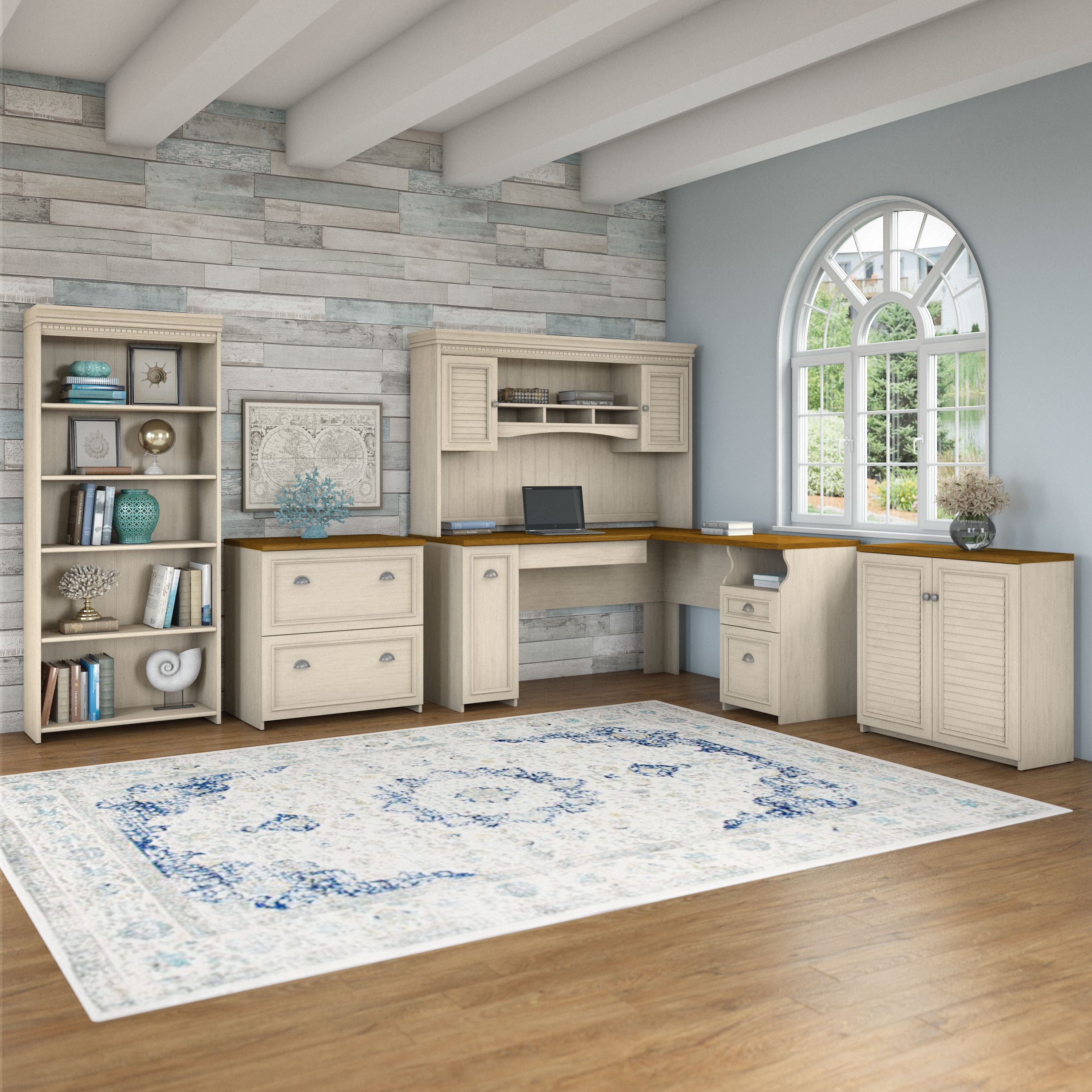 Shop Bush Furniture Fairview 60W L Shaped Desk with Hutch, File Cabinet, Bookcase and Storage 01 FV013AW #color_antique white/tea maple