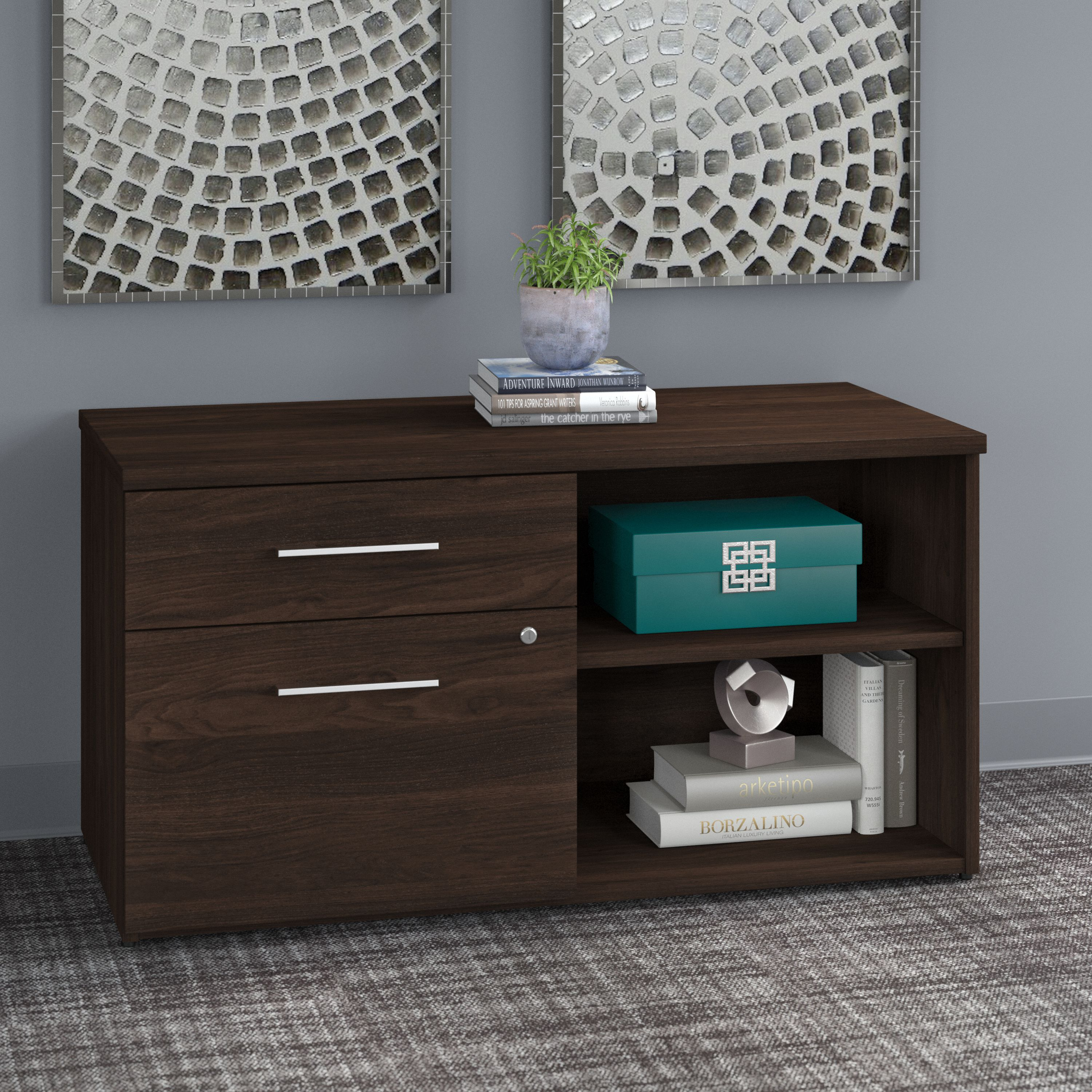 Shop Bush Business Furniture Office 500 Low Storage Cabinet with Drawers and Shelves 01 OFS145BW #color_black walnut