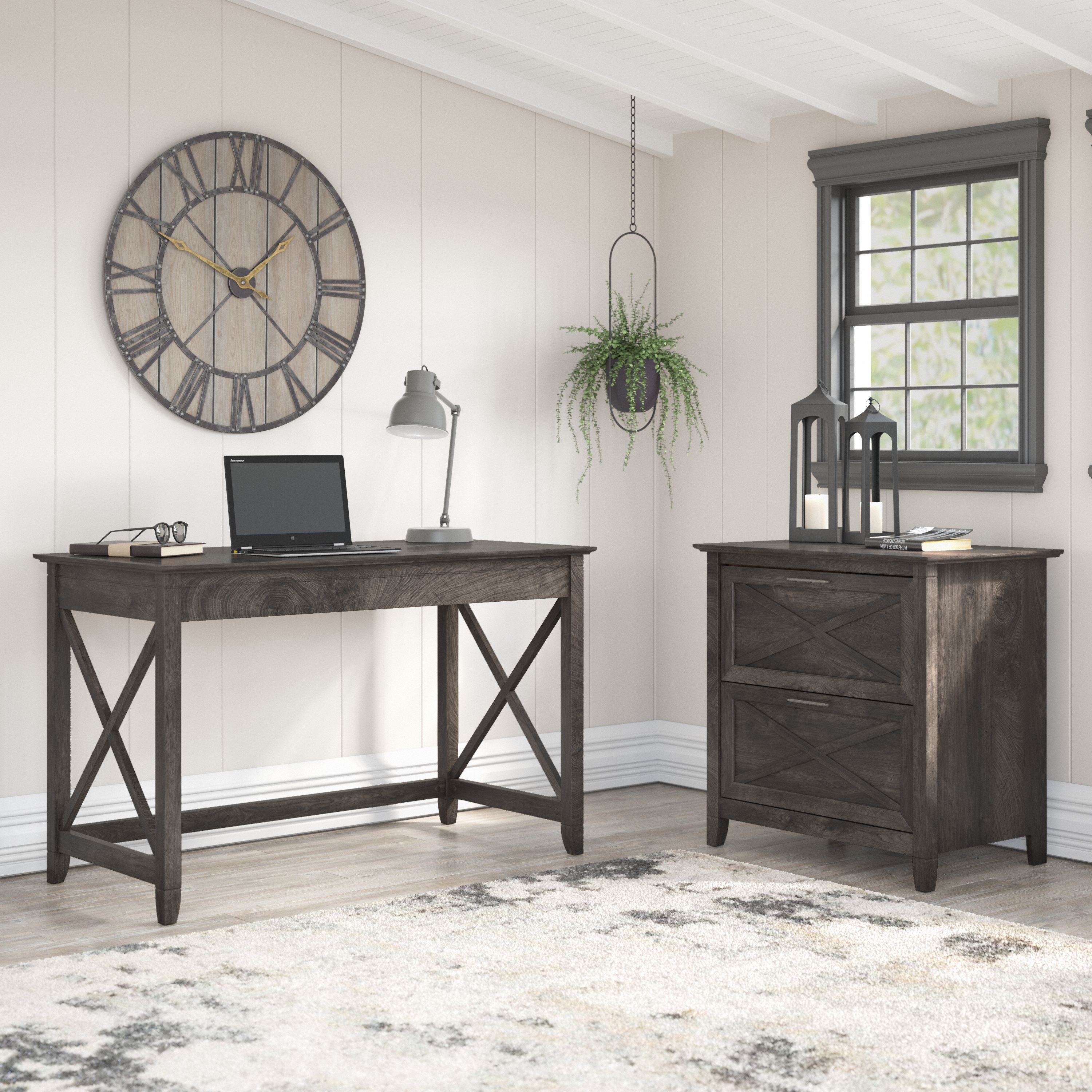 Shop Bush Furniture Key West 48W Writing Desk with 2 Drawer Lateral File Cabinet 01 KWS003GH #color_dark gray hickory
