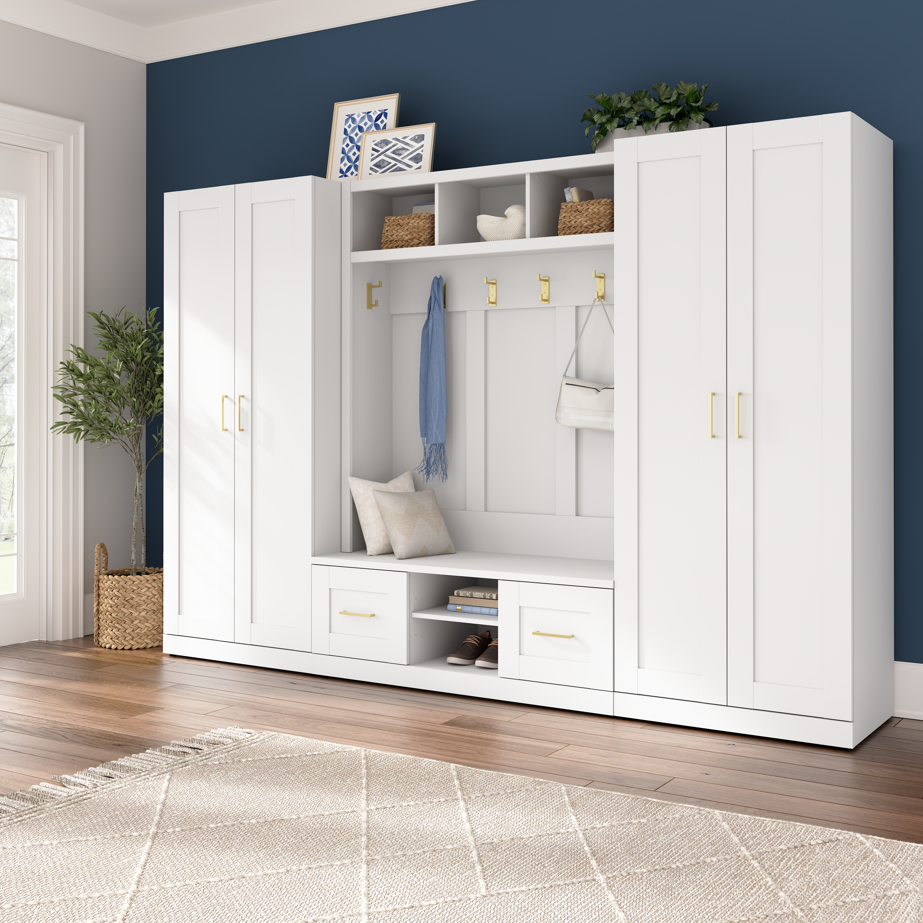 Shop Bush Furniture Hampton Heights Full Entryway Storage Set with Hall Tree, Shoe Bench with Doors and Cabinets 01 HHS017WH #color_white