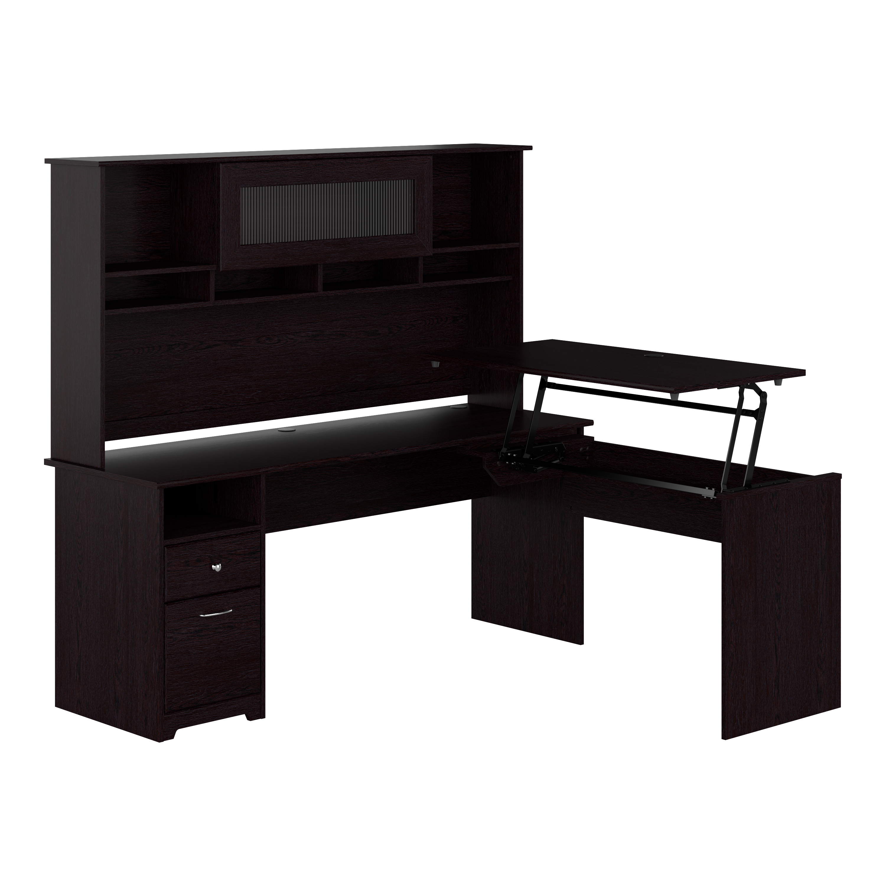 Shop Bush Furniture Cabot 72W 3 Position Sit to Stand L Shaped Desk with Hutch 02 CAB052EPO #color_espresso oak