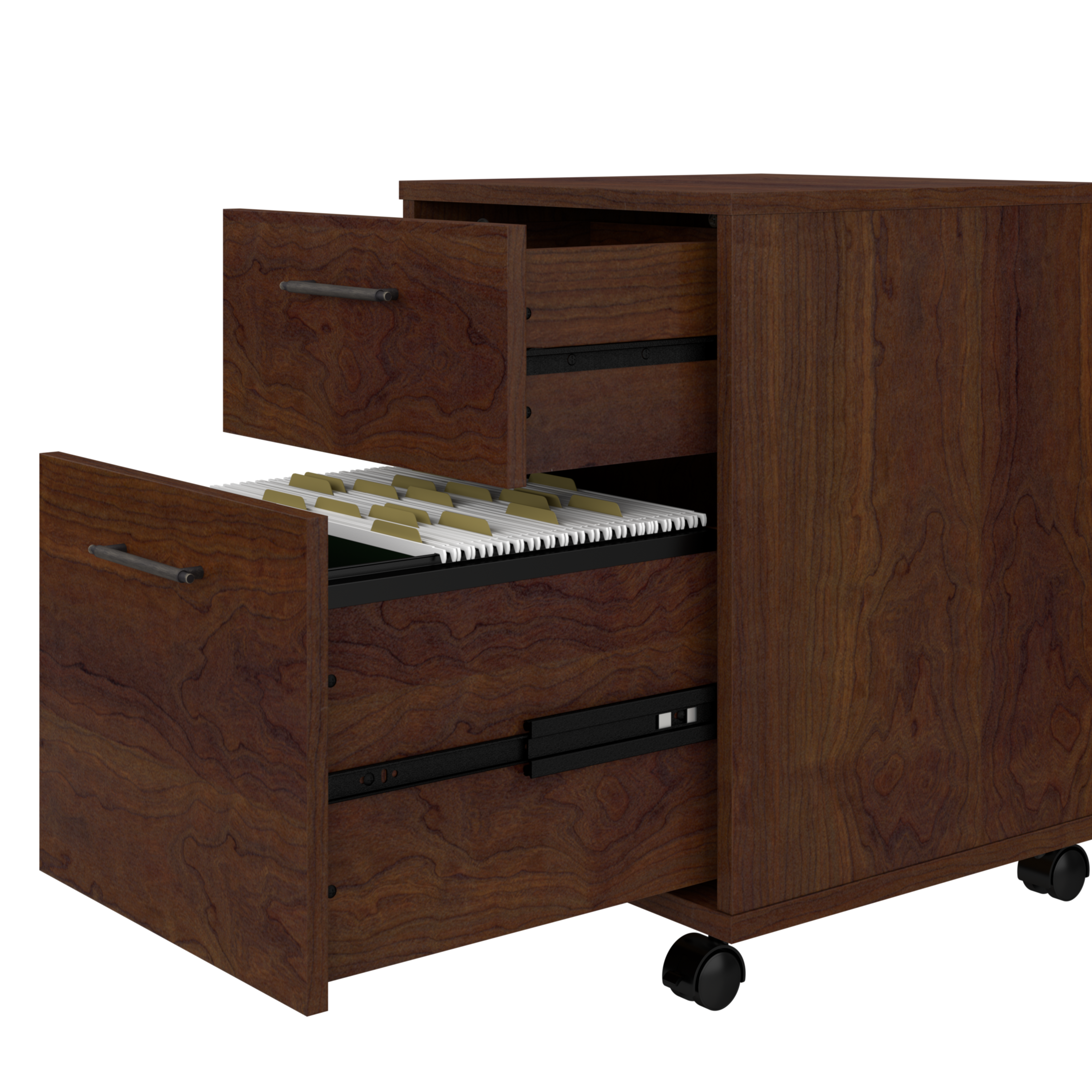 Shop Bush Furniture Key West 60W L Shaped Desk with File Cabinets and 5 Shelf Bookcase 03 KWS017BC #color_bing cherry