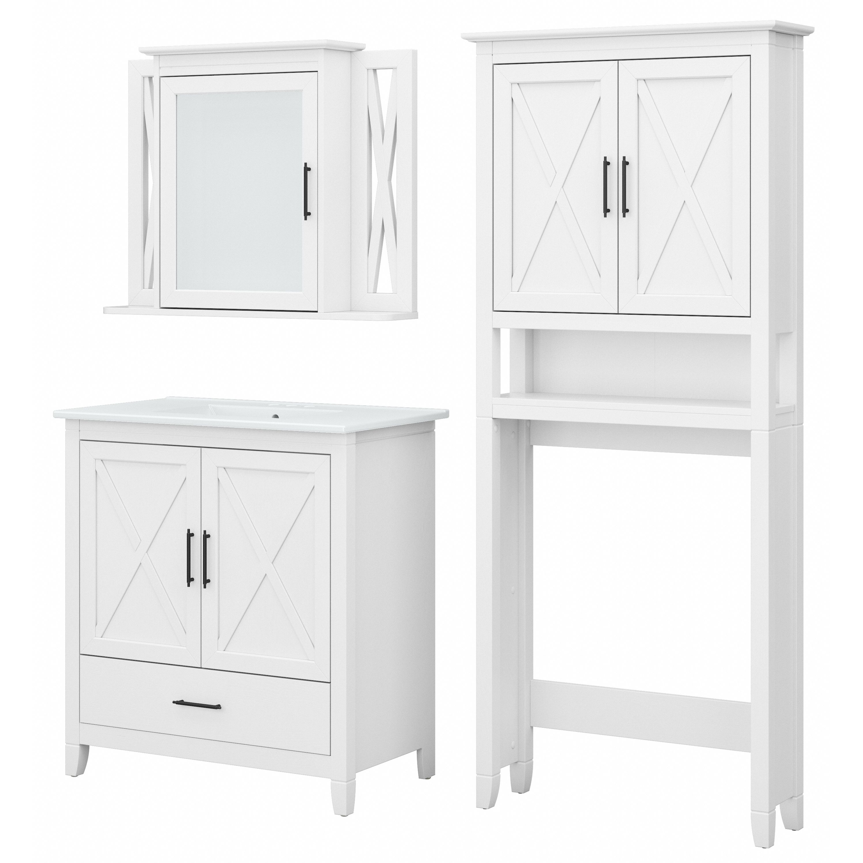 Shop Bush Furniture Key West 32W Bathroom Vanity Sink with Mirror and Over The Toilet Storage Cabinet 02 KWS032WAS #color_white ash