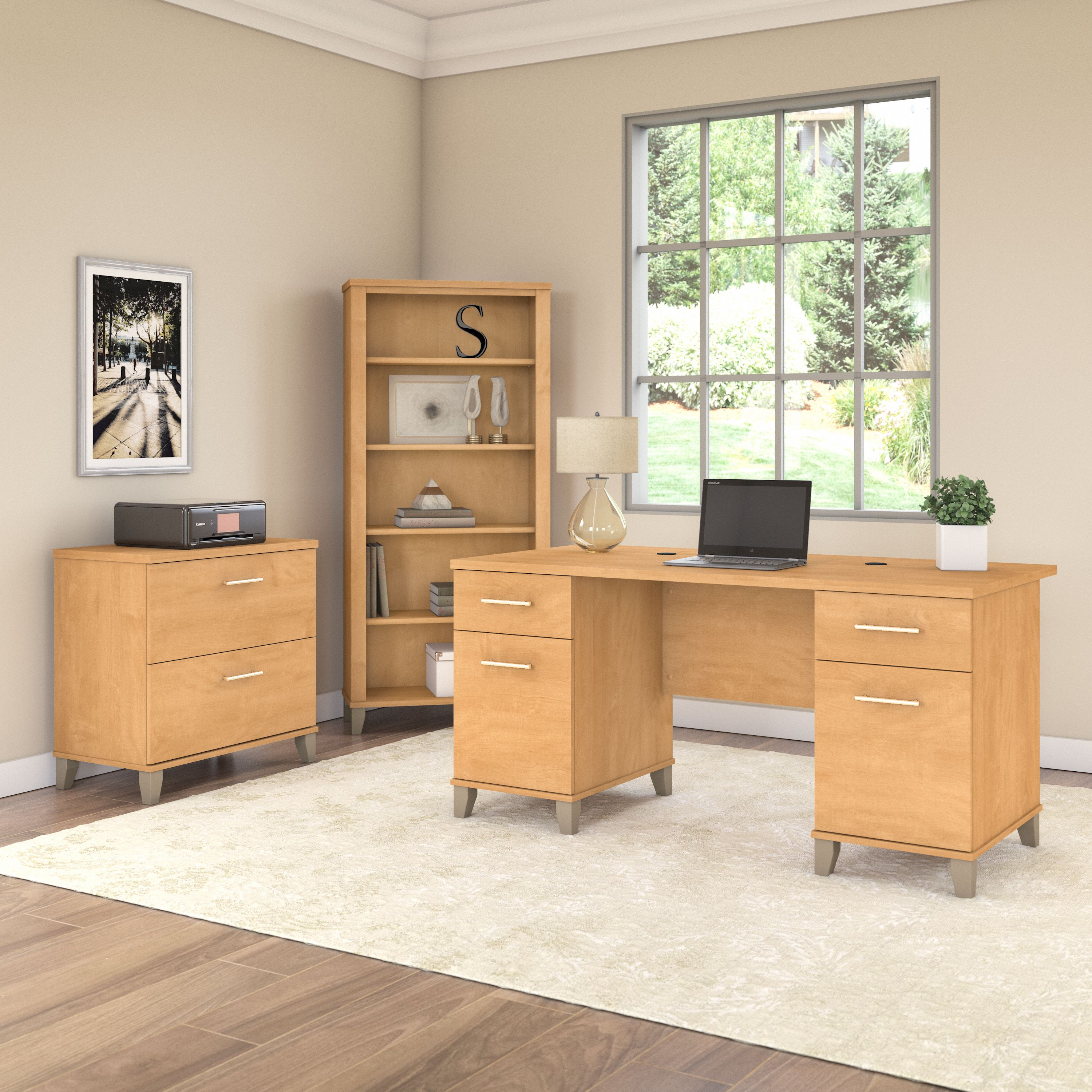 Shop Bush Furniture Somerset 60W Office Desk with Lateral File Cabinet and 5 Shelf Bookcase 01 SET013MC #color_maple cross