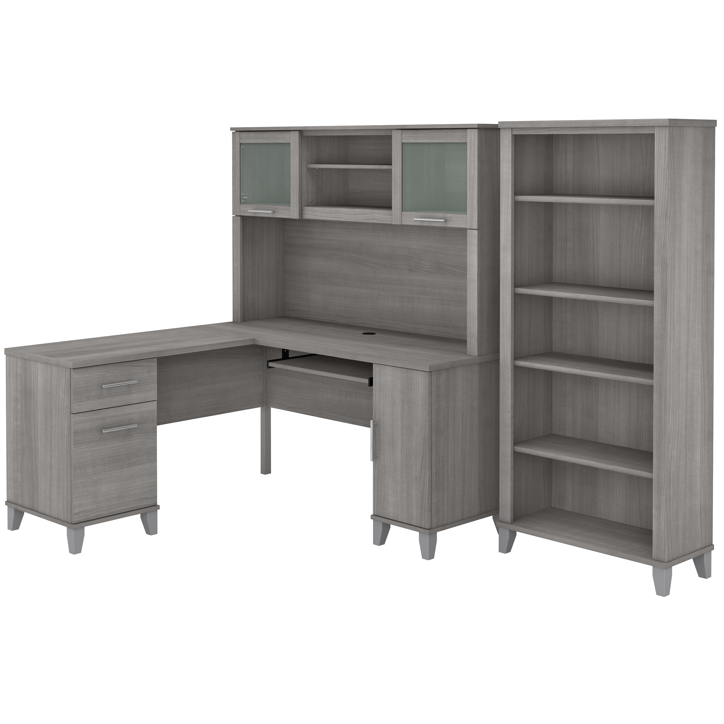 Shop Bush Furniture Somerset 60W L Shaped Desk with Hutch and 5 Shelf Bookcase 02 SET010PG #color_platinum gray