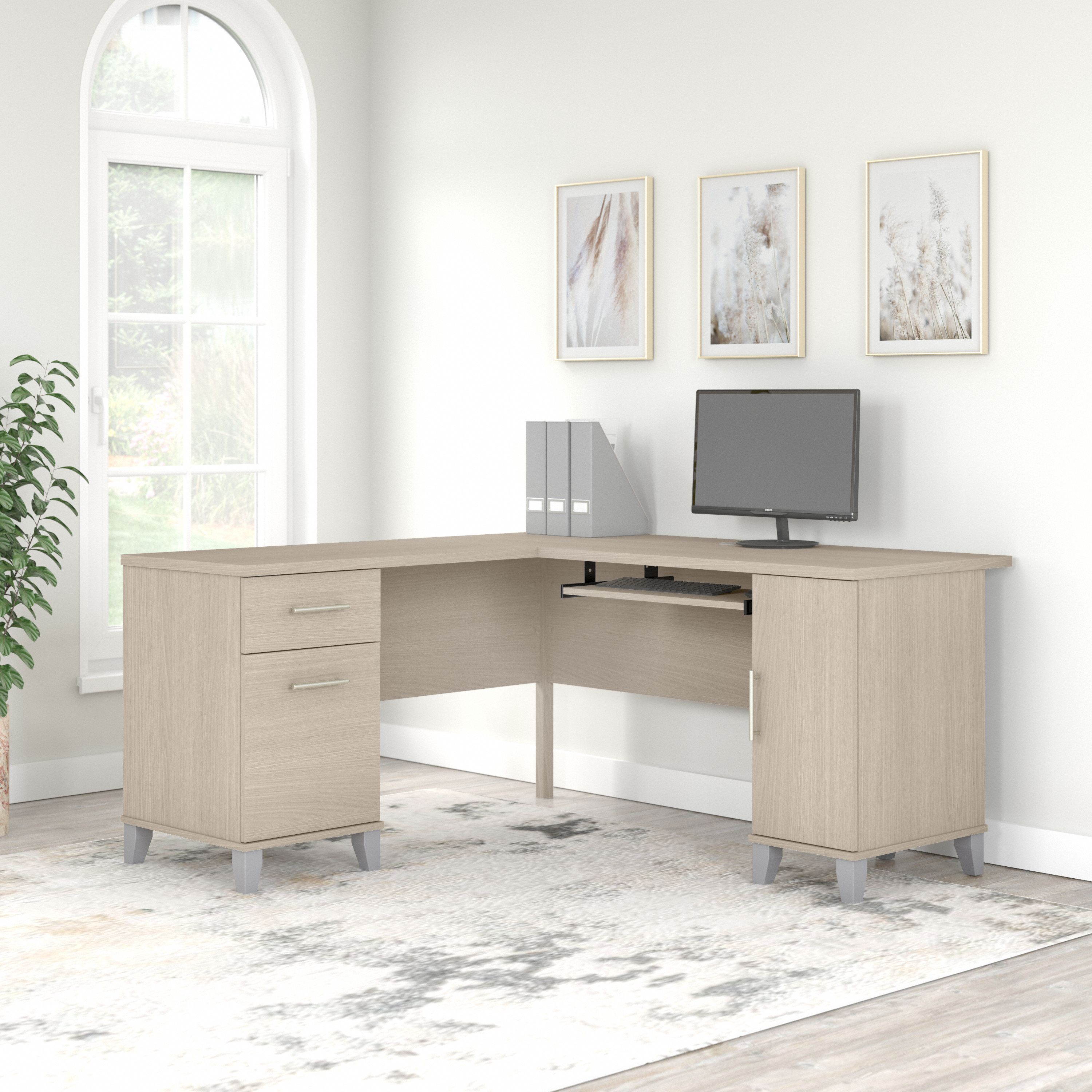 Shop Bush Furniture Somerset 60W L Shaped Desk with Storage 01 WC81130K #color_sand oak