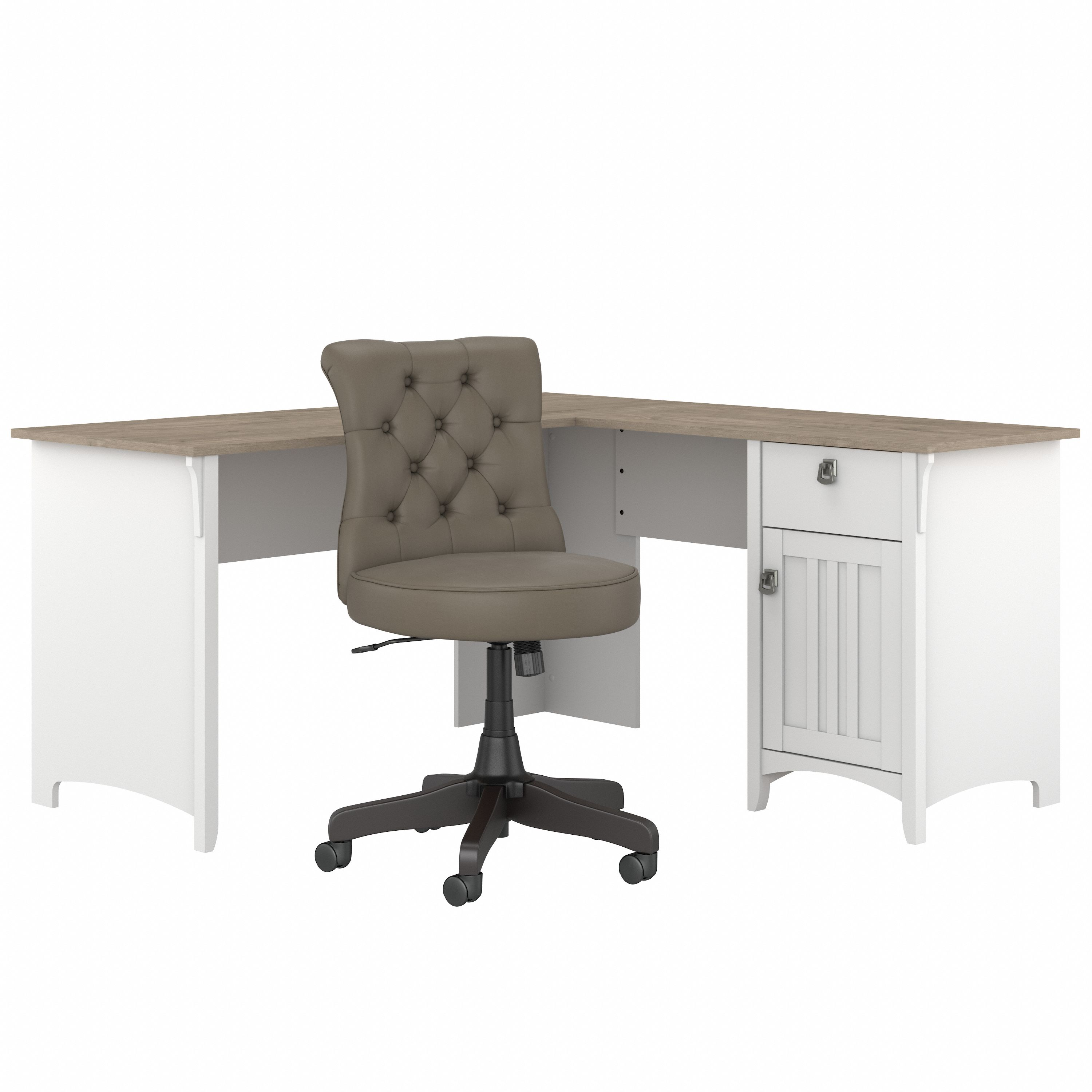 Shop Bush Furniture Salinas 60W L Shaped Desk with Mid Back Tufted Office Chair 02 SAL010G2W #color_shiplap gray/pure white