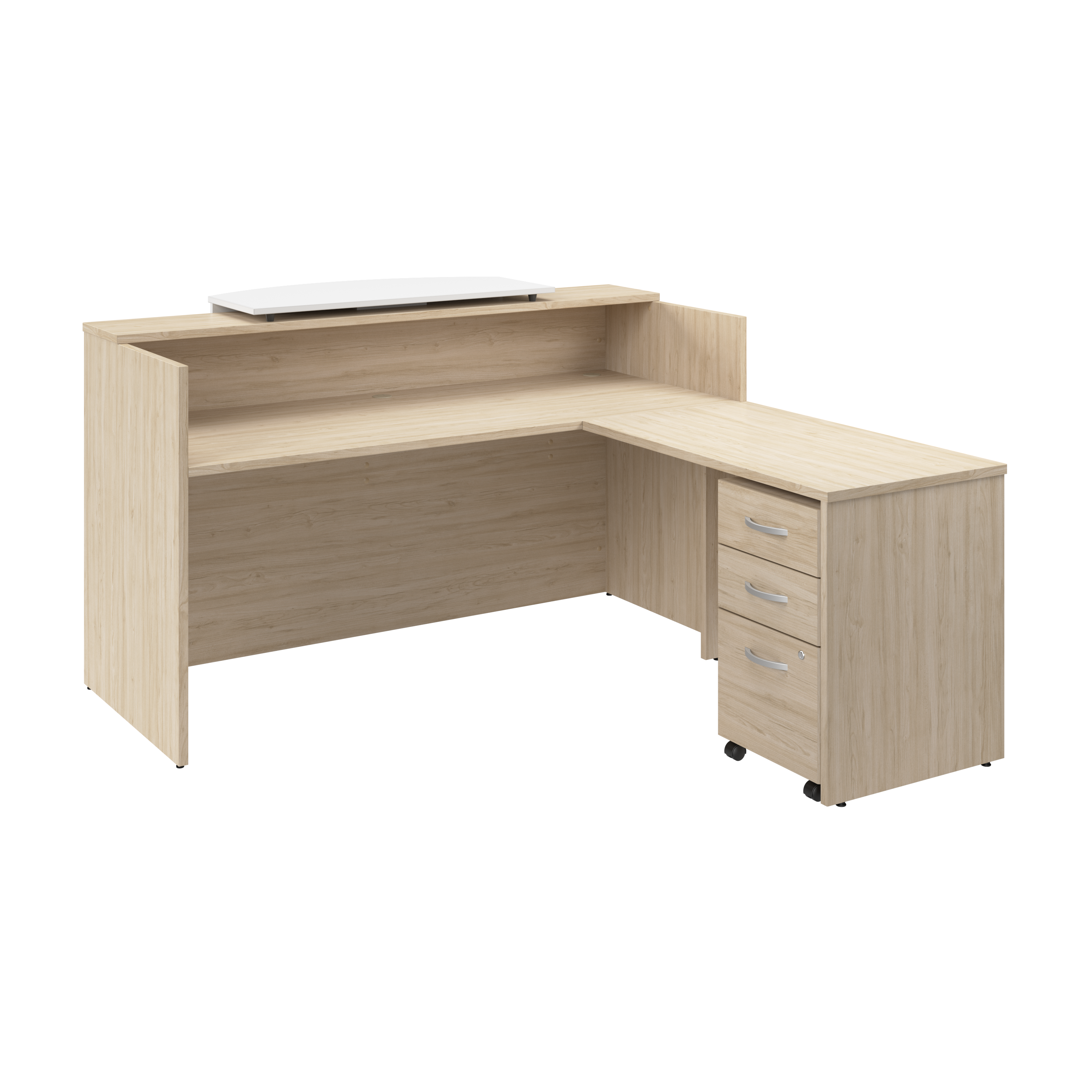 Shop Bush Business Furniture Arrive 72W x 72D L Shaped Reception Desk with Counter and Mobile File Cabinet 02 ARV010NE #color_natural elm