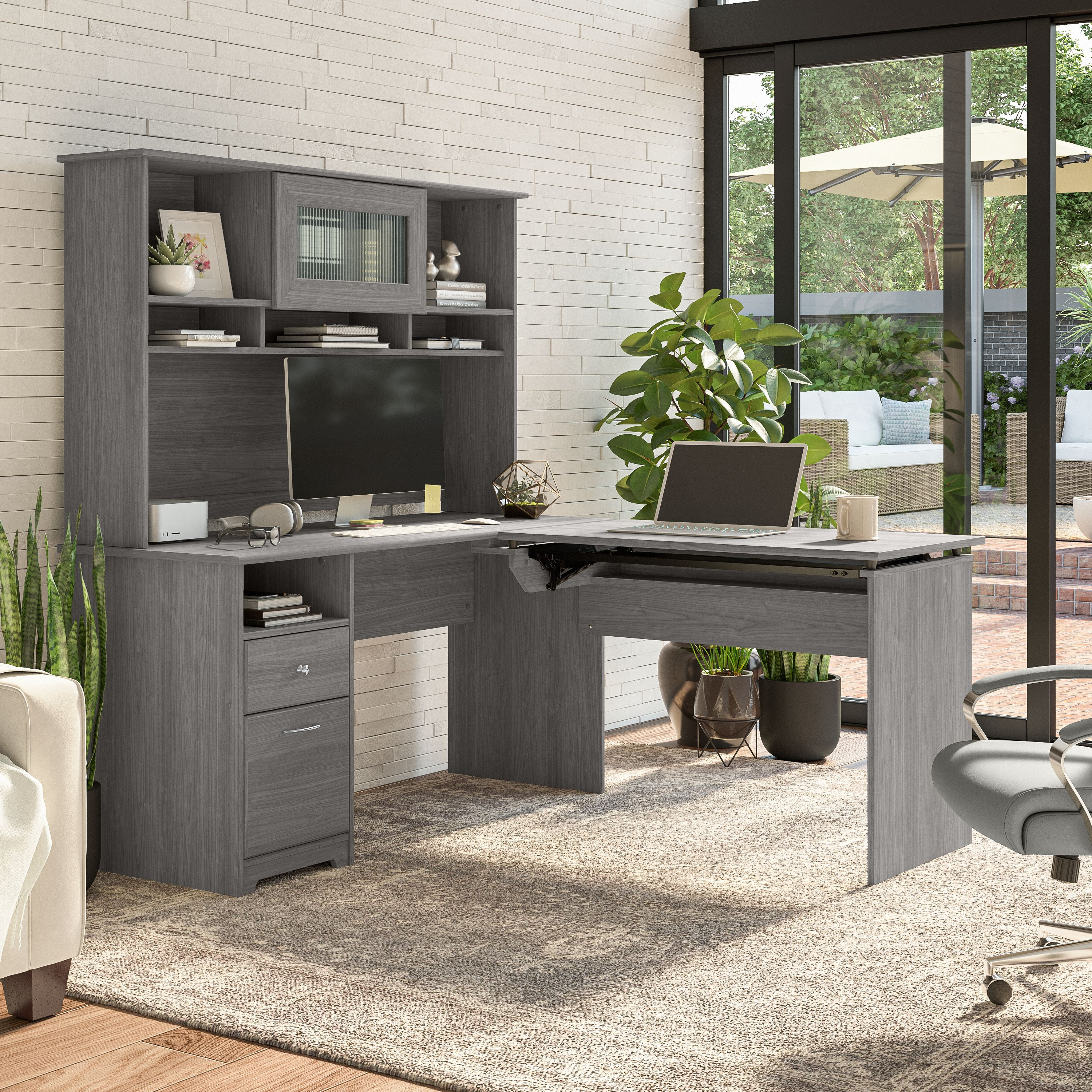 Shop Bush Furniture Cabot 60W 3 Position Sit to Stand L Shaped Desk with Hutch 06 CAB045MG #color_modern gray