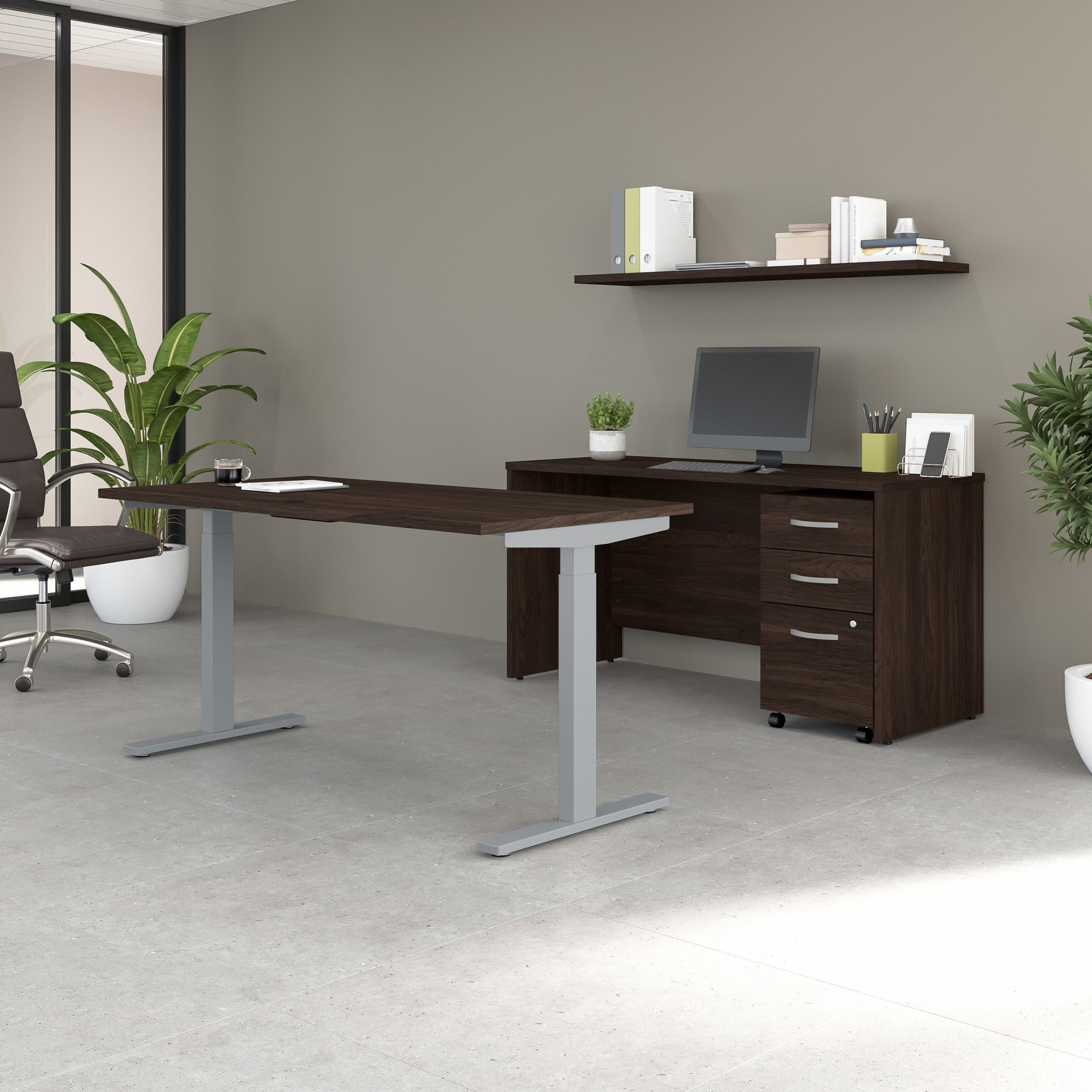 Shop Bush Business Furniture Studio C 60W Height Adjustable Standing Desk with Credenza and File Cabinet 01 STC017BWSU #color_black walnut