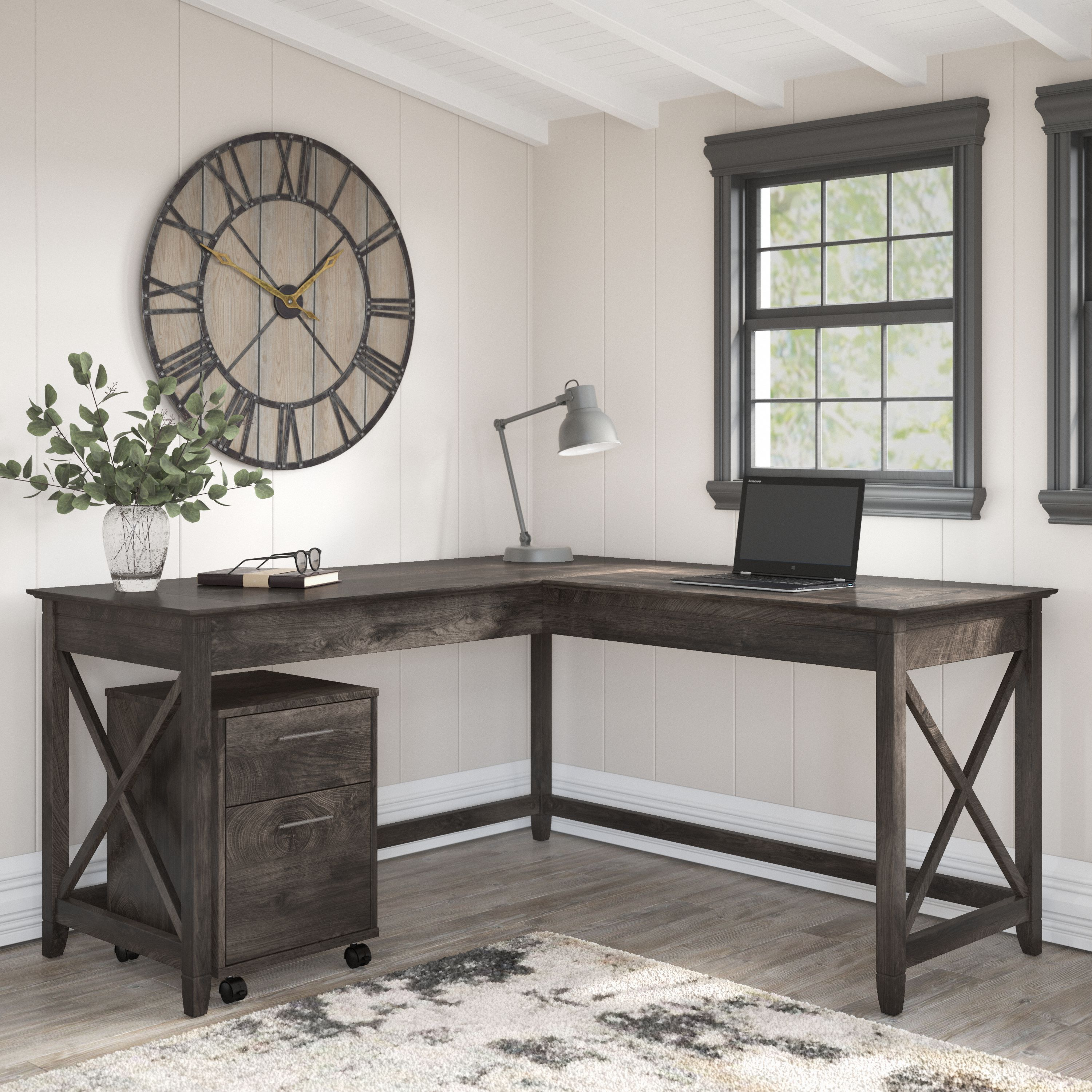 Shop Bush Furniture Key West 60W L Shaped Desk with 2 Drawer Mobile File Cabinet 01 KWS013GH #color_dark gray hickory