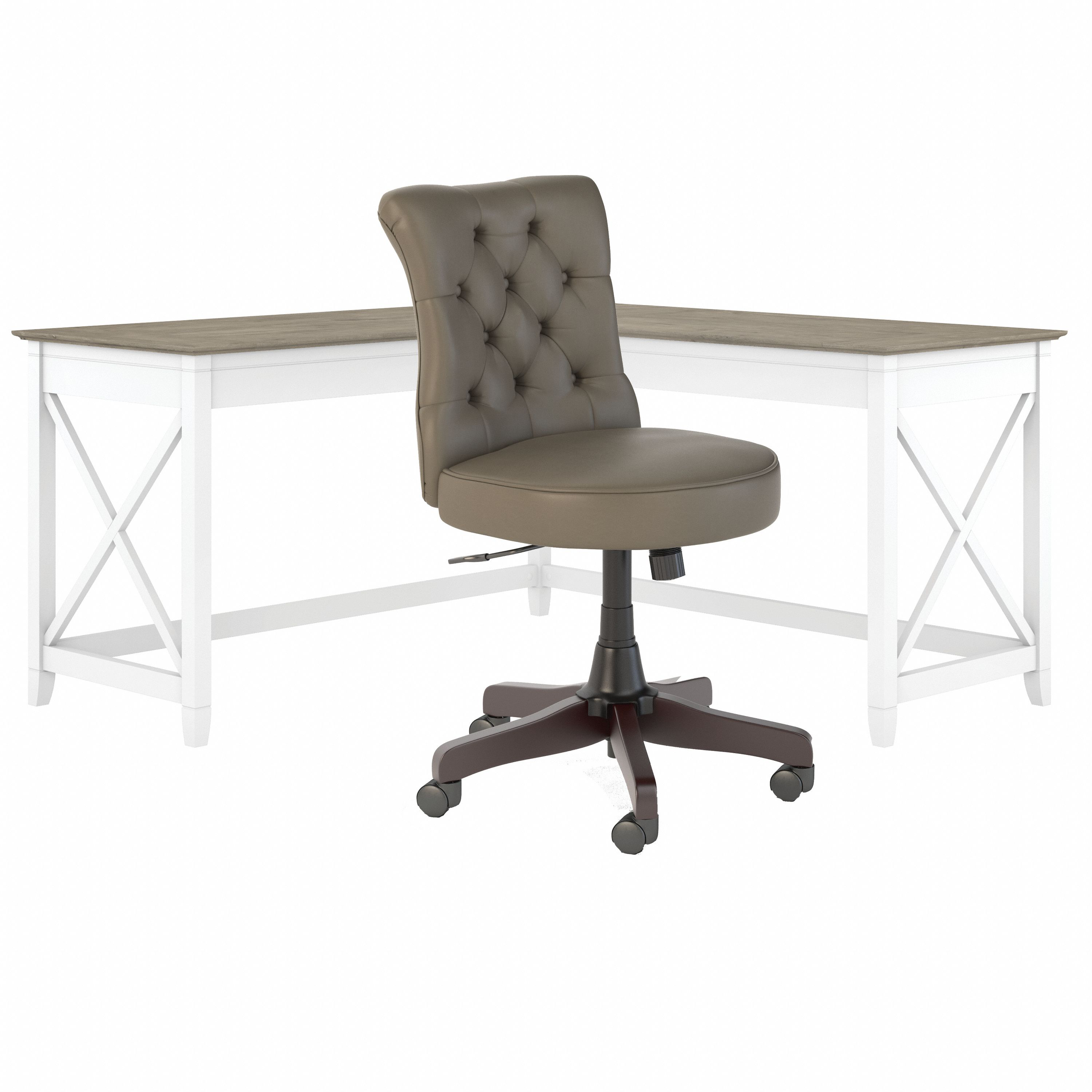Shop Bush Furniture Key West 60W L Shaped Desk with Mid Back Tufted Office Chair 02 KWS045G2W #color_shiplap gray/pure white