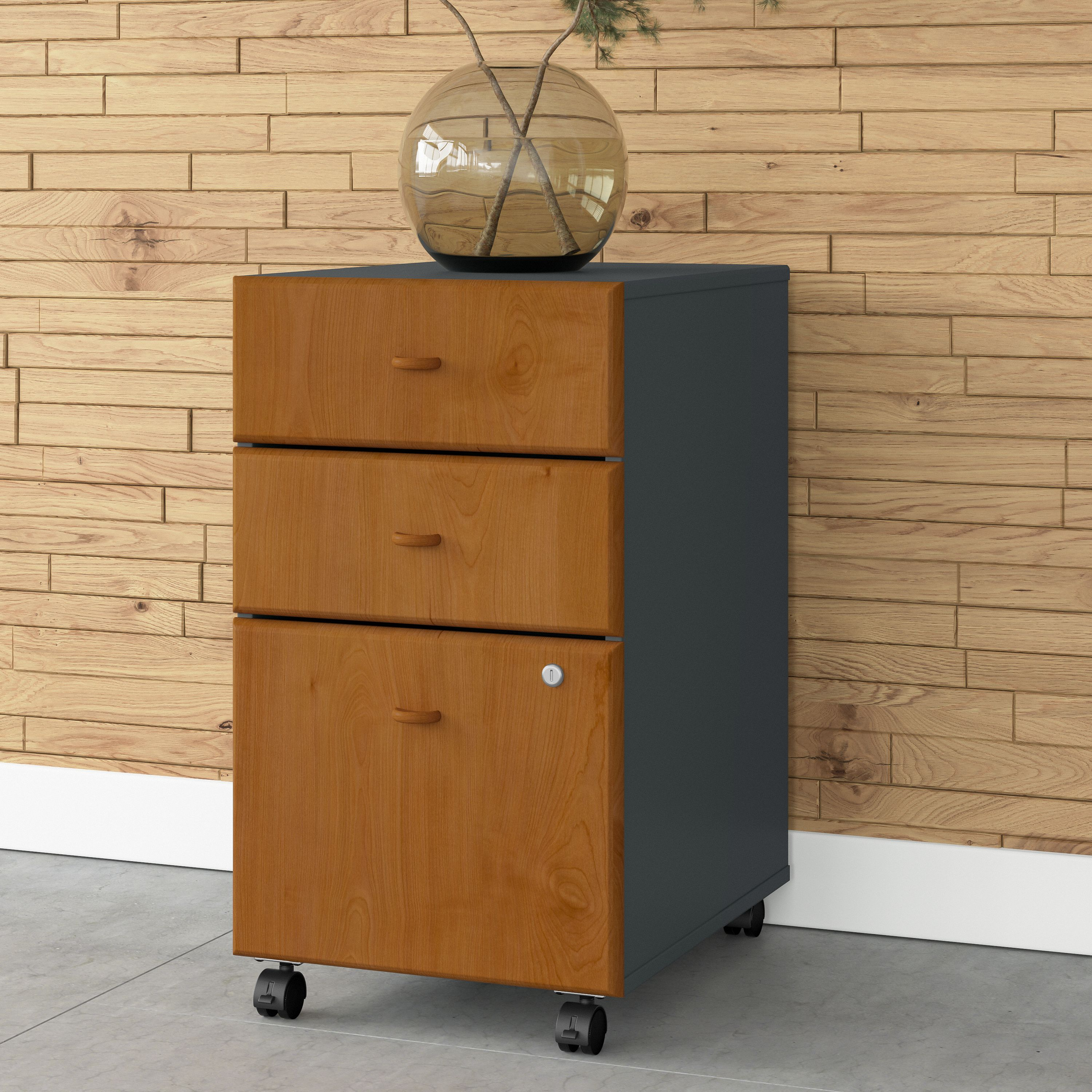 Shop Bush Business Furniture Series A 3 Drawer Mobile File Cabinet 01 WC57453PSU #color_natural cherry/slate