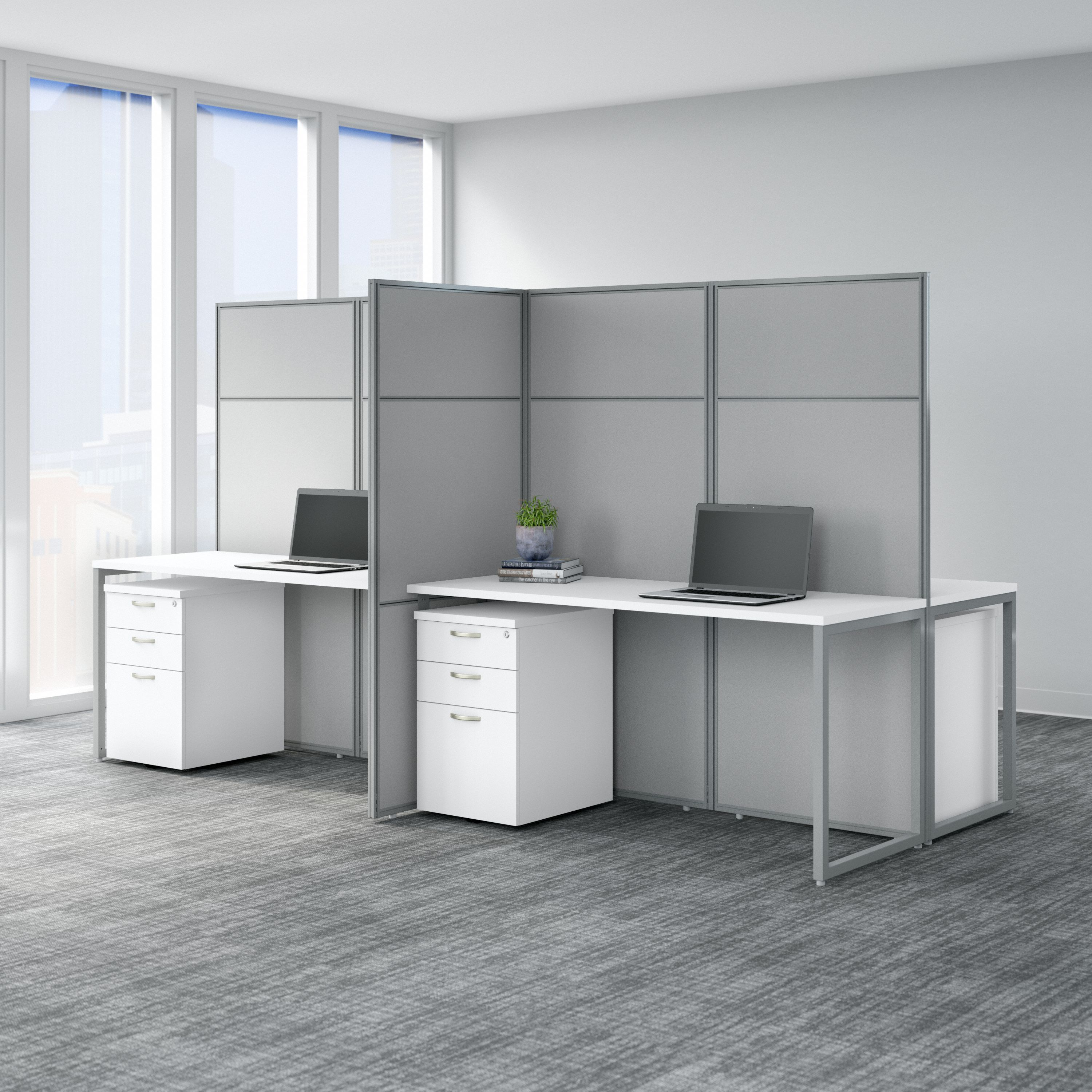 Shop Bush Business Furniture Easy Office 60W 4 Person Cubicle Desk with File Cabinets and 66H Panels 01 EODH66SWH-03K #color_pure white/silver gray fabric