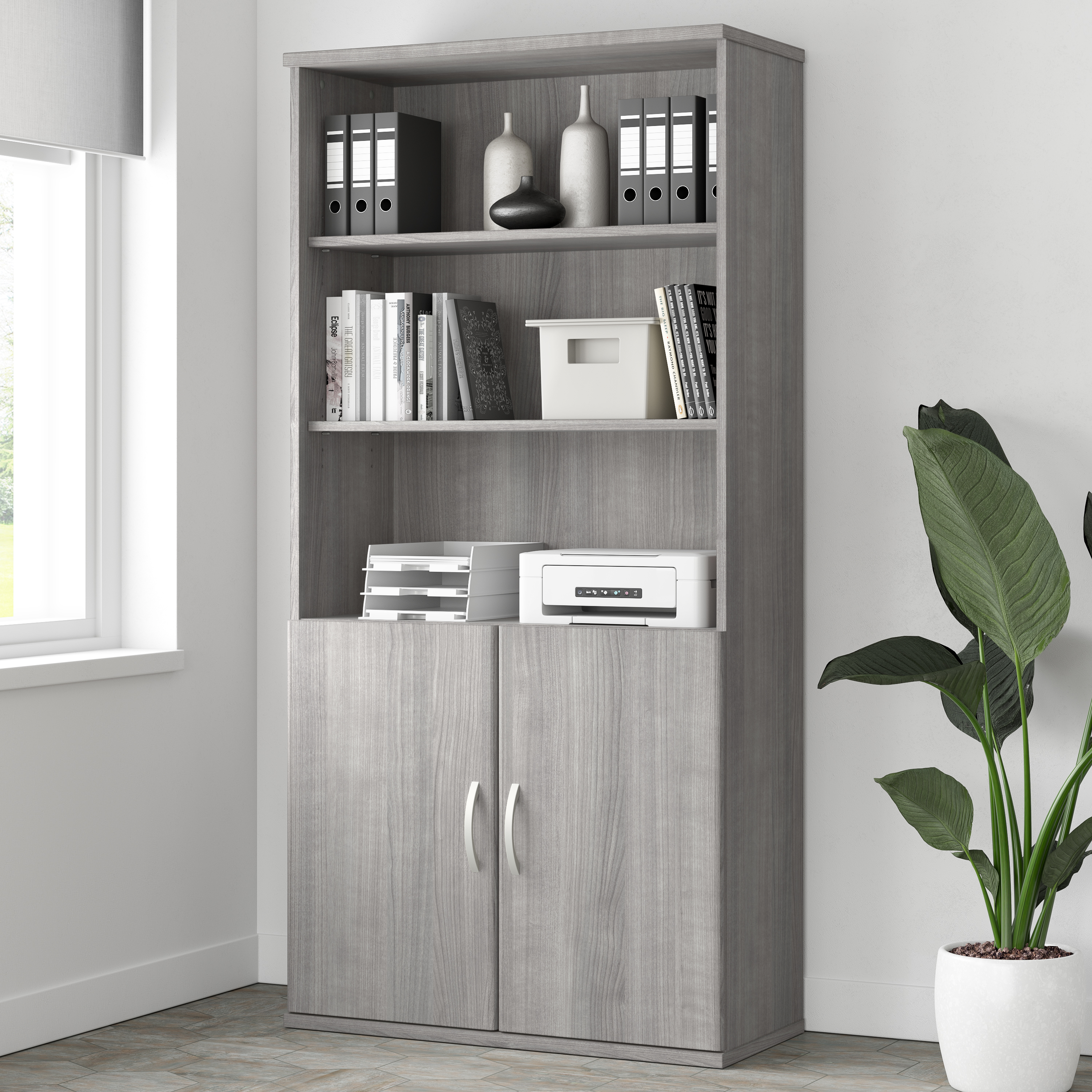 Shop Bush Business Furniture Studio A Tall 5 Shelf Bookcase with Doors 01 STA010PG #color_platinum gray
