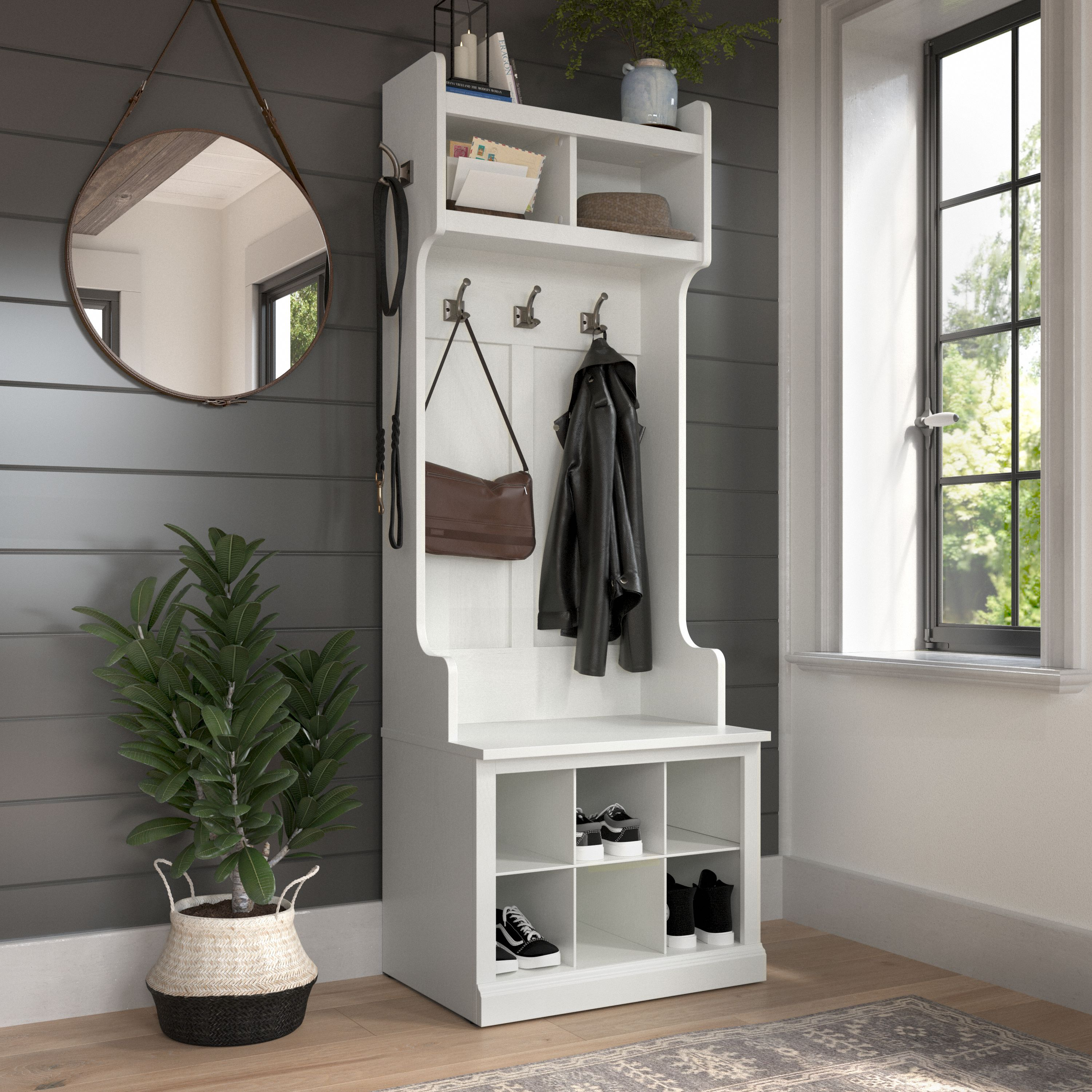 Shop Bush Furniture Woodland 24W Hall Tree and Small Shoe Bench with Shelves 01 WDL008WAS #color_white ash